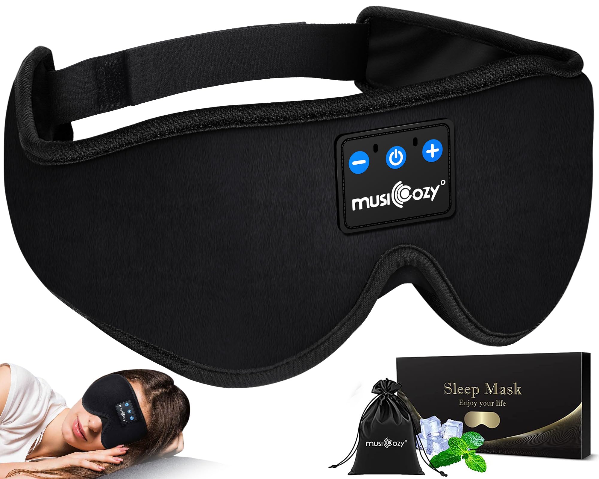 سماعات الأذن اللاسلكية MUSICOZY Sleep Bluetooth Headband Sleeping Headphones SleepMask ، السماعات النوم اللاسلكية للأذنين للراحة جانب النائمين للرجال والنساء في المكتب وللقيلولة والسفر الجوي ، أجهزة تكنولوجيا باردة فريدة من نوعها هدايا للأولاد والبنات باللون الأسود