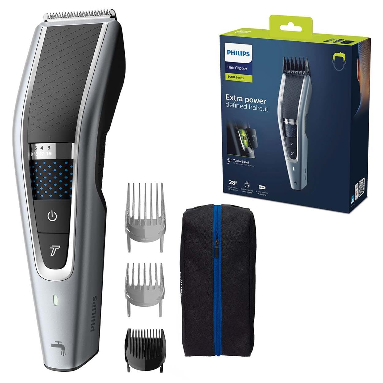 Philips HC5630/15 سری 5000 تراکم‌دهنده‌ی مو با 28 تنظیم طول مو، 3 پیوسته کمکی و حالت توربو 3 شانه‌ها و 1 لوازم جانبی.