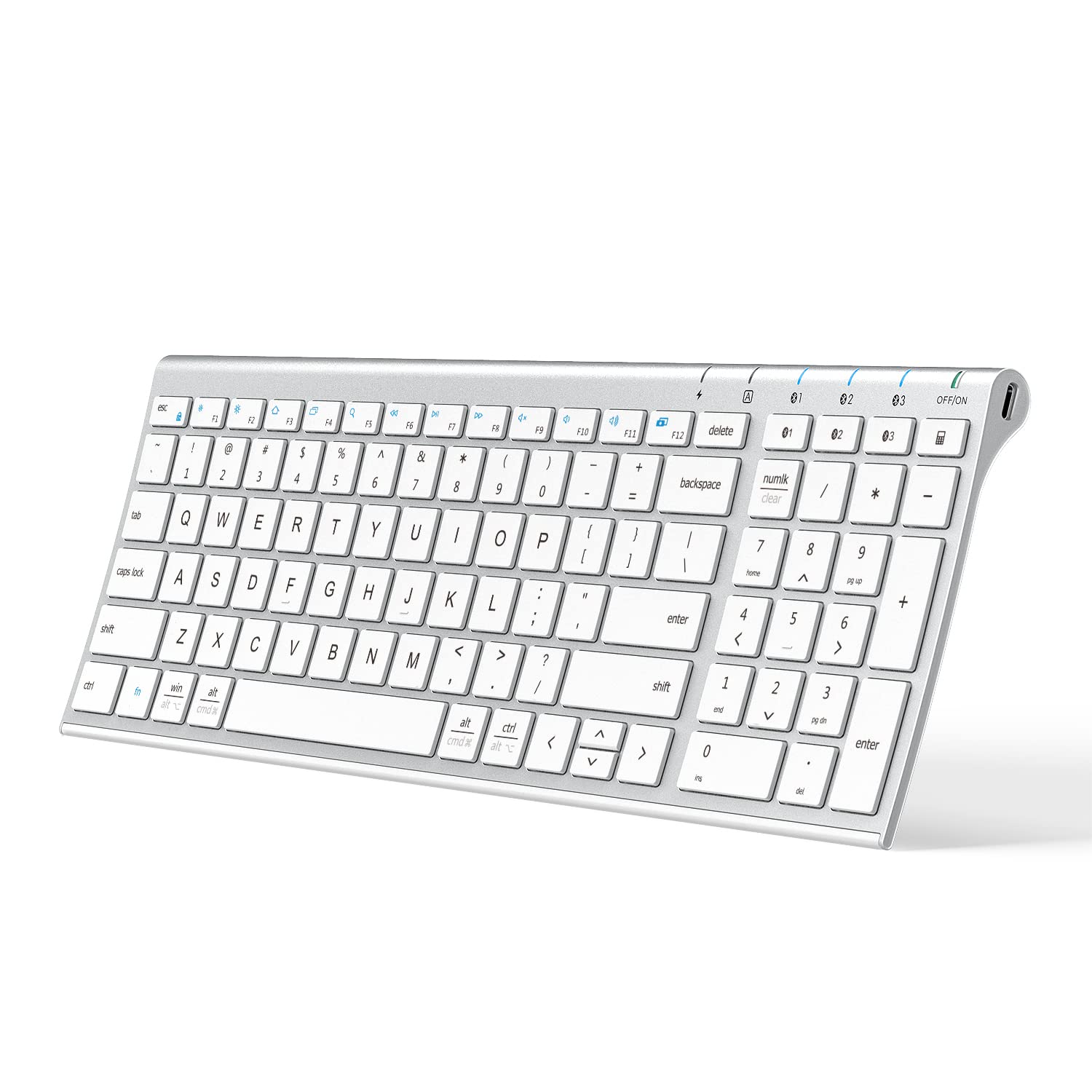 کیبورد بلوتوث iClever مدل BK10، یک کیبورد چند دستگاهی قابل شارژ با پد عددی، طراحی ارگونومیک و اتصال پایدار با اندازه کامل برای آیپد، آیفون، مک، آی‌اواس، اندروید، ویندوز نقره‌ای