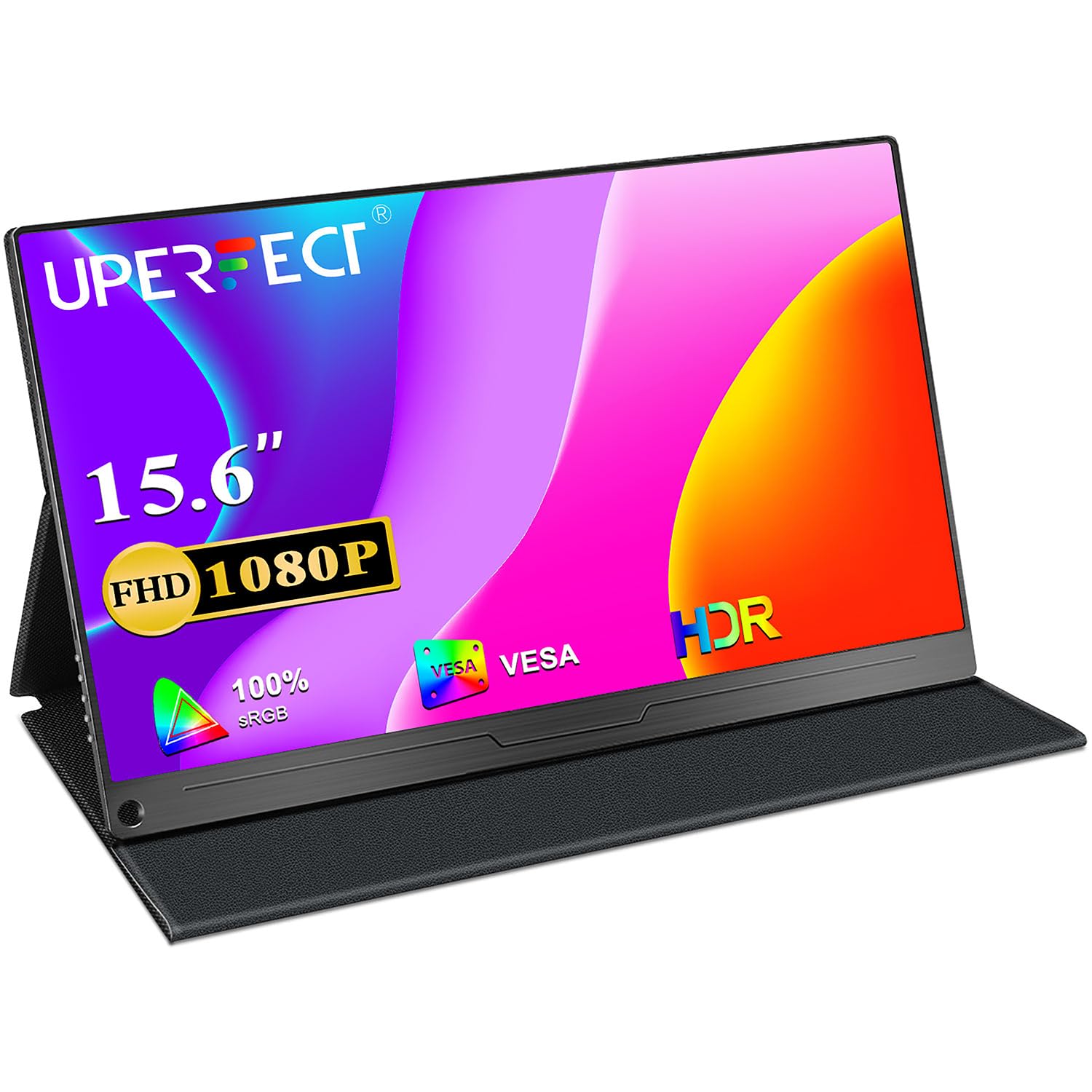 مانیتور قابل حمل UPERFECT، 2023 [نسخه جدید] 15.6 اینچ IPS HDR 1920X1080 FHD صفحه نمایش مراقبت از چشم USB C مانیتور بازی، دو بلندگو نمایشگر کامپیوتر HDMI Type-C VESA برای لپ تاپ PC MAC تلفن همراه با محفظه هوشمند 15.6 اینچ 1080P