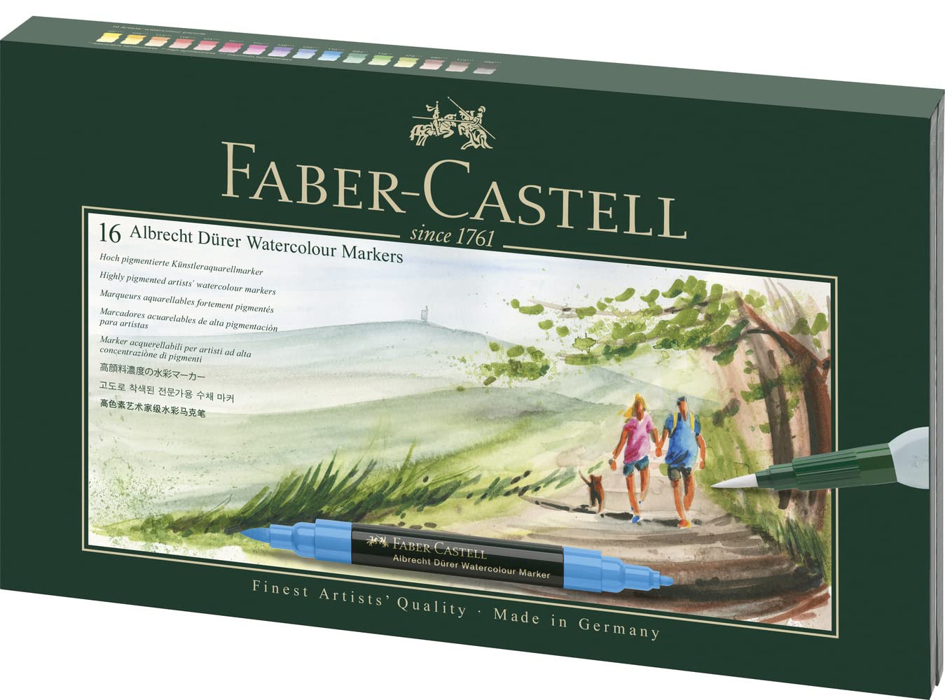 قلم نقاشی آبرنگ Faber-Castell Albrecht Dürer 160318 با نوک دوتایی برای اعمال رنگ مسطح و دقیق، شامل برس مخزن آب، بسته 16 عددی، جعبه رنگارنگ 16 عددی