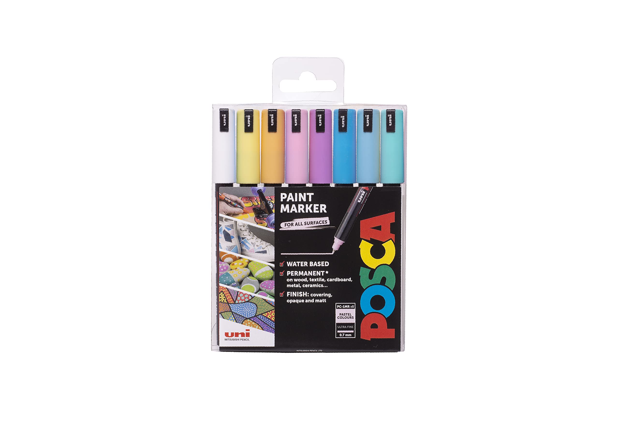 نویسنده‌های پن متعلق به Posca PC-1MR به برچسب‌های پن اندازه فوق‌العاده‌ی نازک برای هنر و صنایع دستی از جنس آبی هستند. قابل استفاده چندمنظوره بر روی چوب، فلز، کاغذ، کارتن، شیشه، پارچه، سرامیک و سنگ. مجموعه 8 عددی از پن‌های جزئی در رنگ‌های مات. (بسته‌ی 8 عددی) سیاه