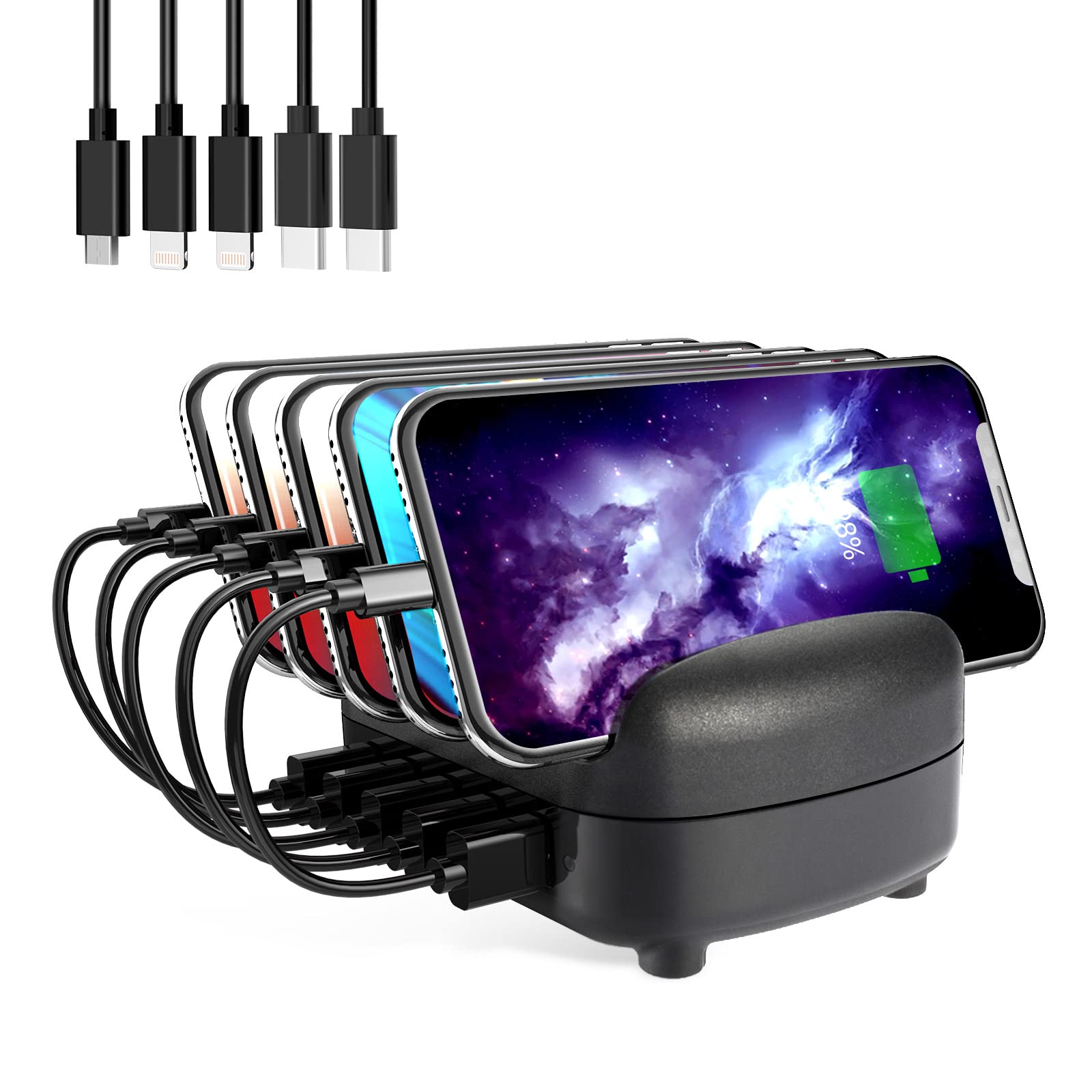 ایستگاه شارژ برای چند دستگاه با قابلیت شارژ سریع 40 وات، ارگانایزر با پورت‌های USB برای آیفون، آیپد، سامسونگ، گوشی اندروید و تبلت (گواهی ETL) (شامل 5 کابل شارژ) - رنگ مشکی