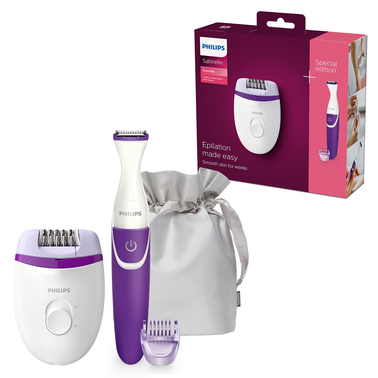 Philips Body Hair Removal Kit با 4 لوازم جانبی - تراش عنکبوتی الکتریکی ، تریمر بیکینی ، نصب 3 میلی‌متر و کیف لوکس مدل (BRP505/00) مجموعه DuoSmooth: تراش عنکبوتی و تریمر بیکینی