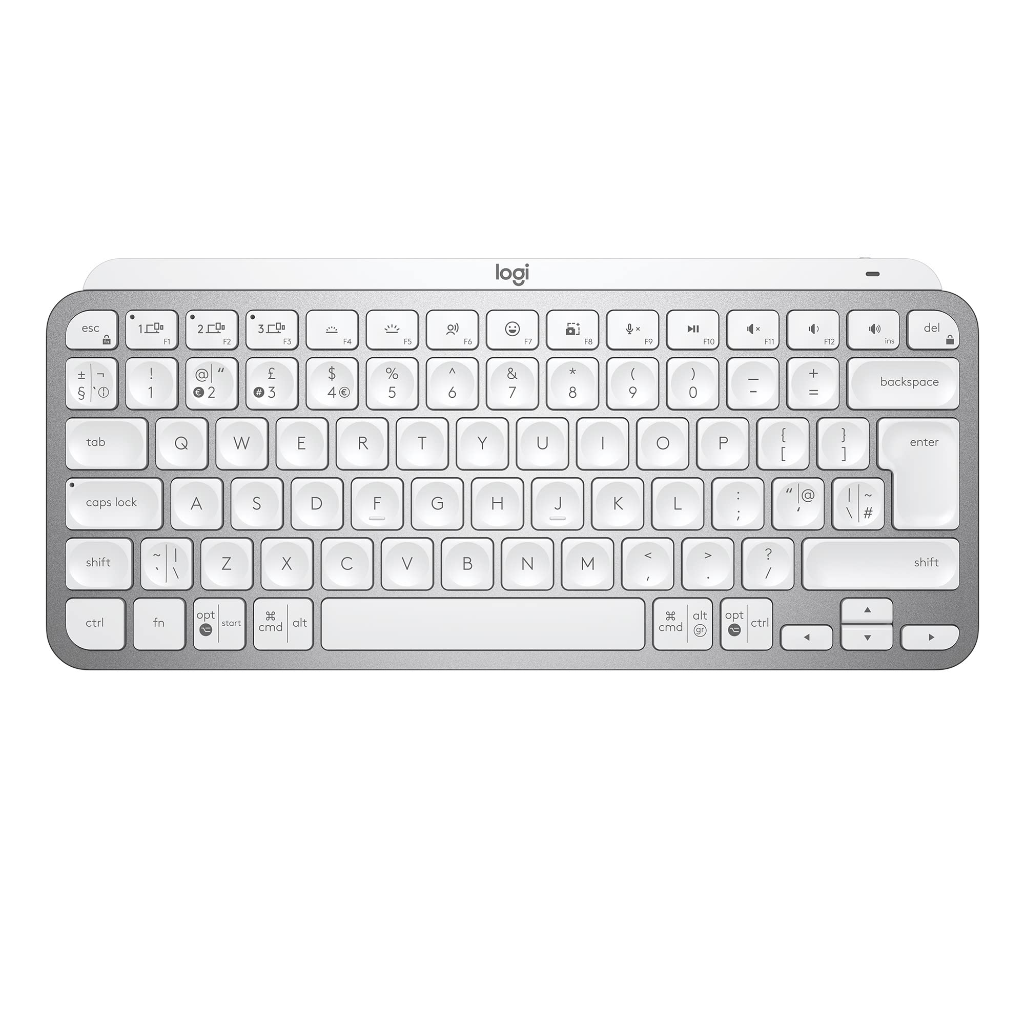 کیبورد بی‌سیم روشنایی شده مینیمالیستی Logitech MX Keys Mini، کوچک، بلوتوث، پشتیبانی از USB-C، سازگار با Apple macOS، iOS، Windows، Linux، Android، ساختار فلزی، طراحی US Intl - خاکستری روشن