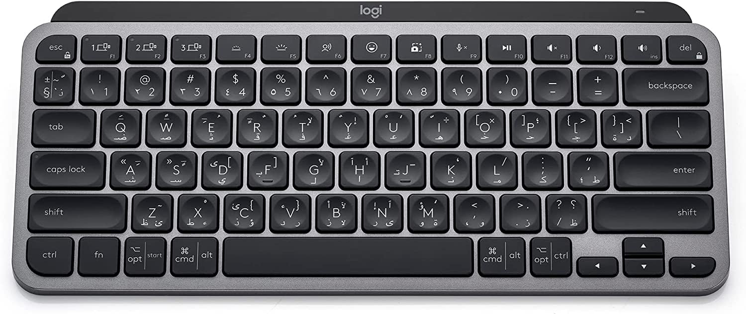 Logitech MX Keys Mini — صفحه‌کلید بی‌سیم مینیمالیستی نورپردازی‌شده، جمع‌وجور، بلوتوثی، دارای نور پس‌زمینه، پورت USB-C، سازگار با Apple macOS، iOS، ویندوز، لینوکس و اندروید، بدنه فلزی، صفحه‌کلید عربی — رنگ گرافیت (طرح‌بندی عربی MX Keys Mini)
