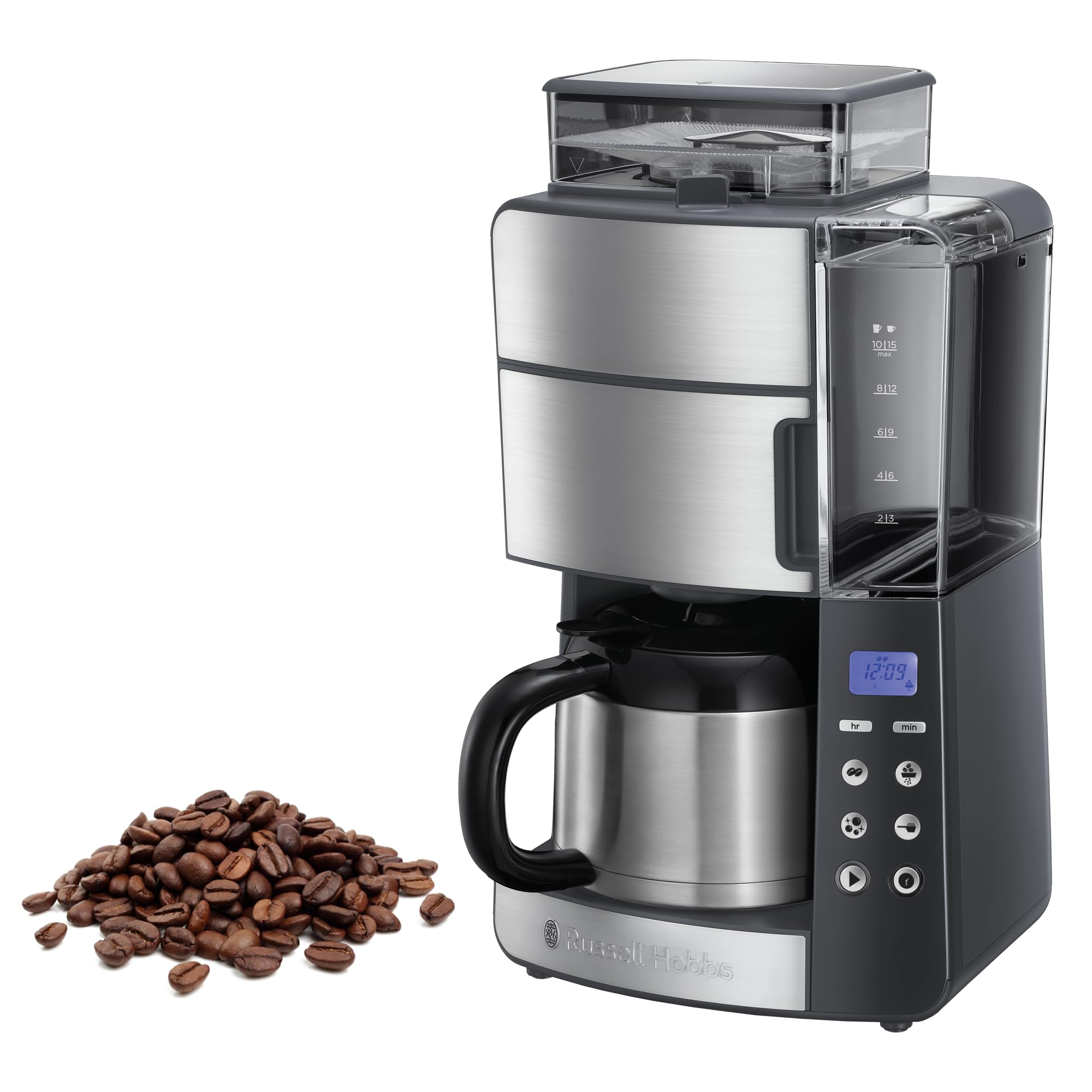 ماشین قهوه‌ساز و آسیاب Russell Hobbs Grind & Brew 25620-56 با قابلیت نگهداری گرم (تایمر دیجیتال، سر دوش برای استخراج بهینه و بو) (حداکثر ۱۰ فنجان، تنظیمات آسیاب سه مرحله‌ای) قهوه‌ساز تک نفره
