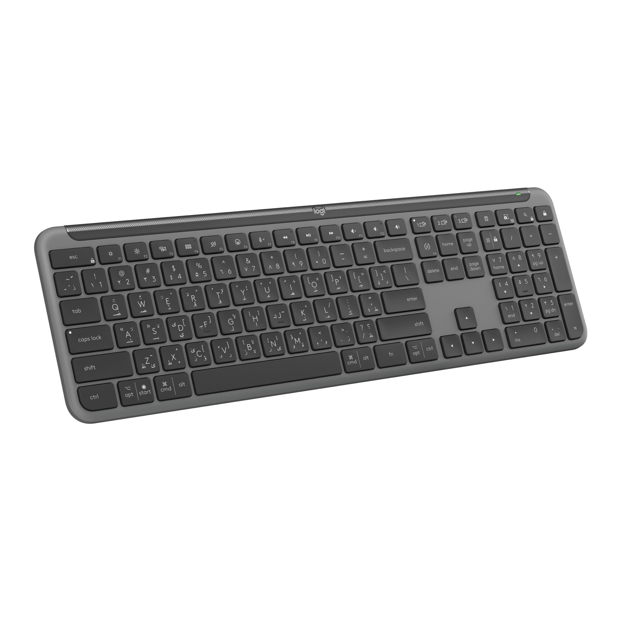 کیبورد بی‌سیم Logitech Signature Slim K950، طراحی شیک، تایپینگ بین دستگاه‌ها، تایپینگ بی‌صدا، بلوتوث، چندین سیستم عامل، ویندوز، مک، کروم، طرح عربی - گرافیت