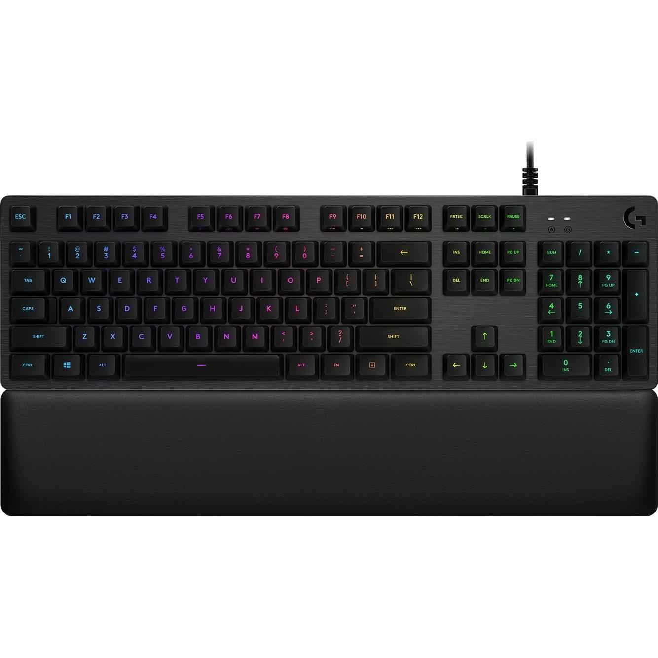 صفحه کلید بازی مکانیکی Logitech G513 با پشتیبانی نوکان پالم، روشنایی RGB LIGHTSYNC، کلیدهای تاکتیل GX Brown، قاب آلومینیوم مسطح، F-Keys قابل تنظیم، USB Pass Through، طرح کلیدبندی QWERTY انگلیسی - طرح UK - سوئیچ های تاکتیل کربن/مشکی با پشتیبانی پالم‌رست
