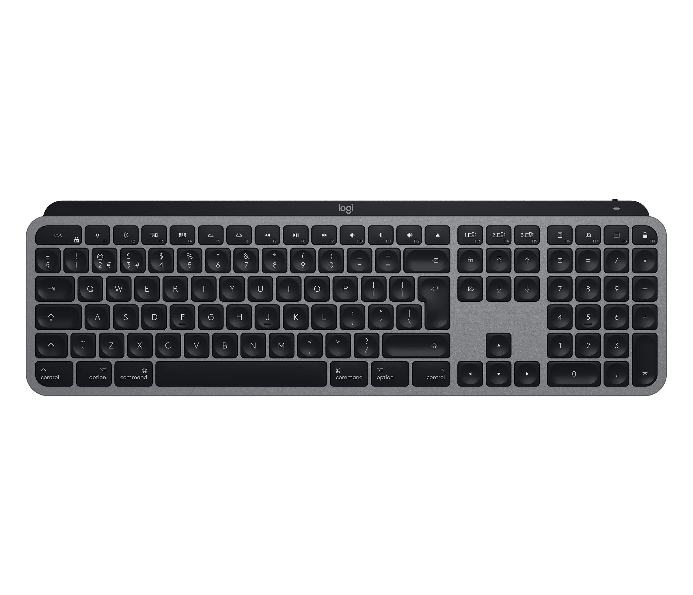 کیبورد بی‌سیم روشنایی دار MX Keys Advanced از لوجیتک برای مک، قرارگیری ایتالیایی QWERTY - خاکستری