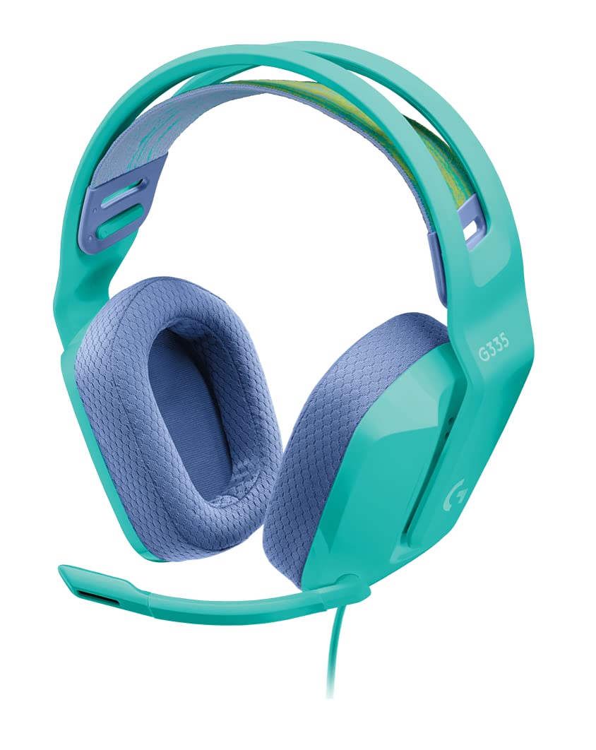 هدست بازی سیمی Logitech G335، با میکروفون، جک صدای 3.5 میلی‌متری، پد‌های گوشی از جنس فوم یادگیر، سبک وزن، سازگار با کامپیوتر، پلی‌استیشن، ایکس‌باکس، نینتندو سوئیچ - رنگ نعناعی