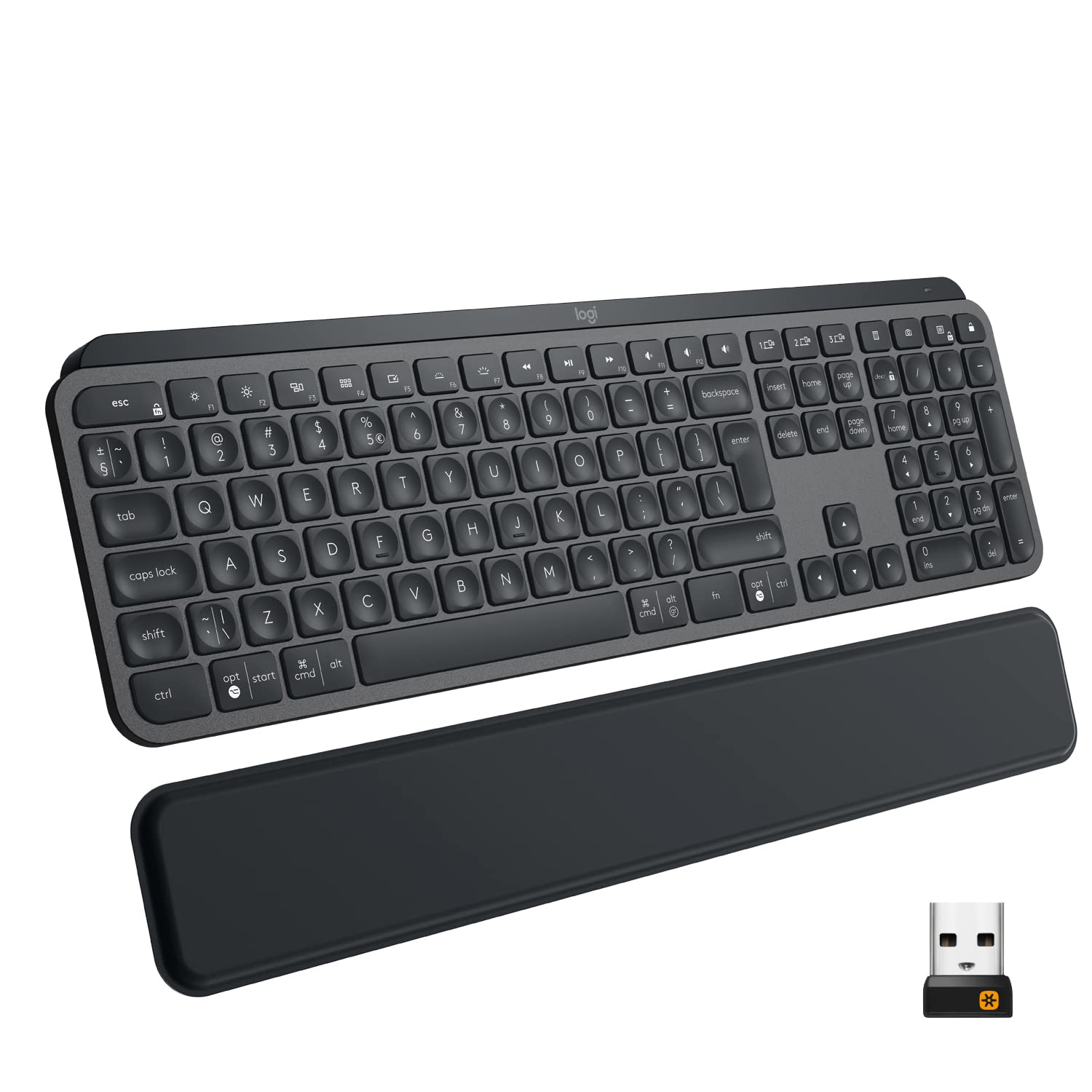 صفحه کلید بی‌سیم پیشرفته Logitech MX Keys Plus با پشتیبانی از سیستم‌عامل‌های Apple macOS، Microsoft Windows، Linux، دارای نورپردازی، بکلایت، اتصال بلوتوث و USB-C، تایپینگ با واکنش‌پذیری لمسی و محافظ کف دست جداشدنی Graphite MX Keys Plus (با محافظ کف دست) با طرح بین‌المللی آمریکا.