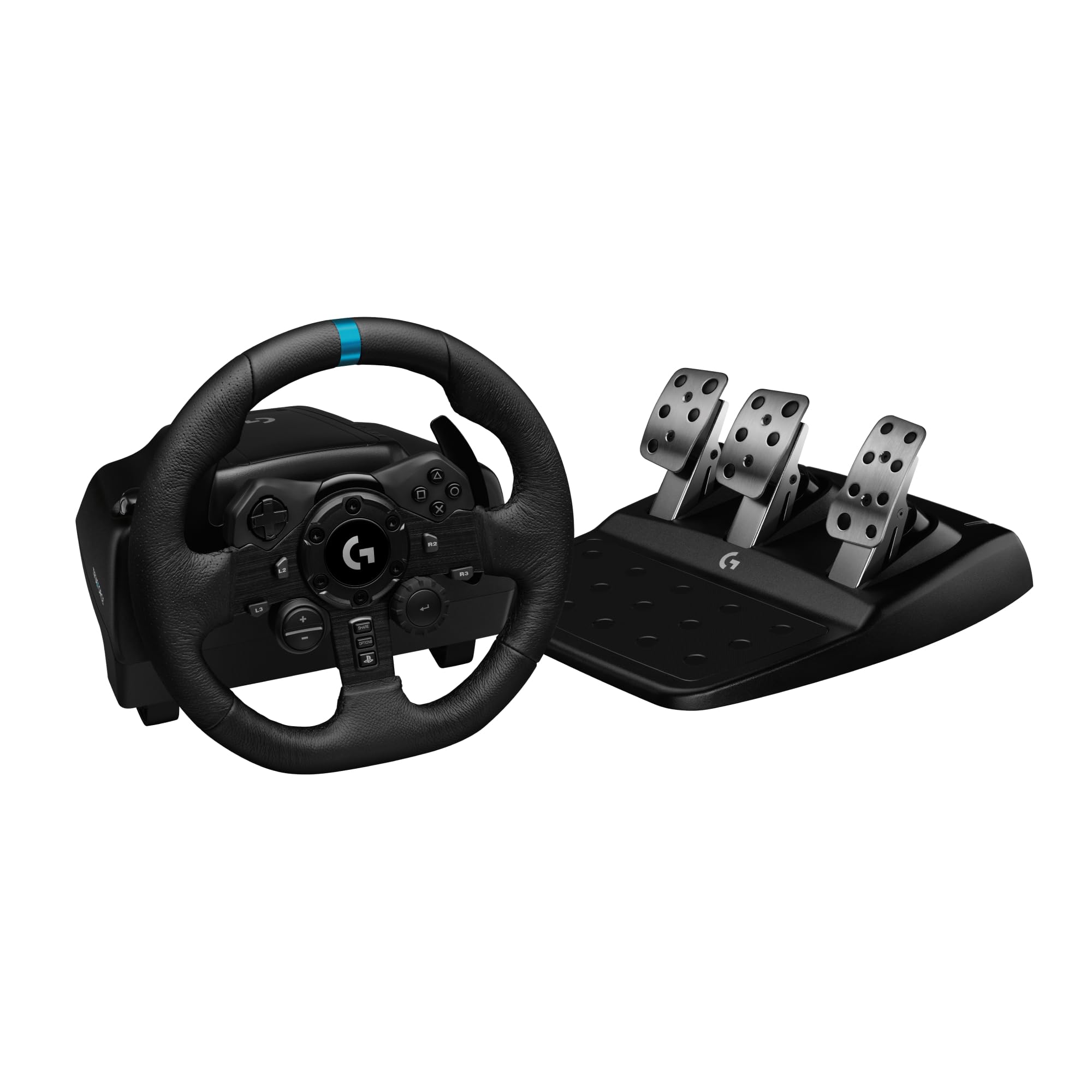 چرخ و پدال مسابقه‌ای Logitech G923، بازخورد TRUEFORCE، طراحی رانندگی واکنش‌پذیر، کنترل راه‌اندازی دوگانه کلاچ، روکش چرم طبیعی فرمان، برای PS5 Pro، PS5، PS4، PC - رنگ مشکی - نسخه UAE G923 (پلی‌استیشن | کامپیوتر)