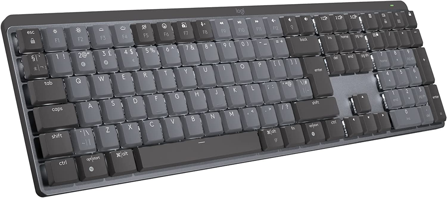 صفحه کلید عملکردی روشنایی دار بی‌سیم مکانیکی Logitech MX، سوئیچ های صدایی بی‌صدا، کلیدهای پشتیبانی شده، بلوتوث، یو اس بی-سی، مک او اس، ویندوز، لینوکس، آی او اس، اندروید، فلز - گرافیت سایز کامل صدایی
