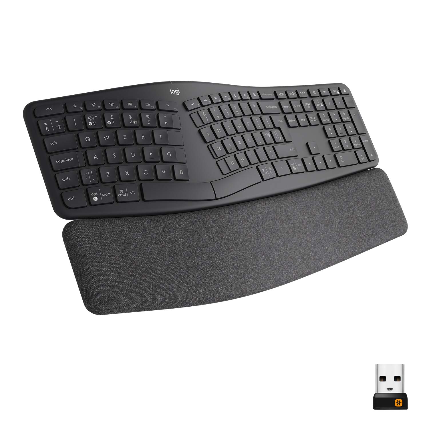 کیبورد ارگونومیک بی‌سیم Logitech ERGO K860 با طراحی شکاف‌دار، پشتیبانی از استراحت مچ دست، تایپینگ طبیعی، خاکستری تیره، پارچه مقاوم در برابر لکه، ویندوز/مک، بلوتوث، دریافت کننده USB همراه