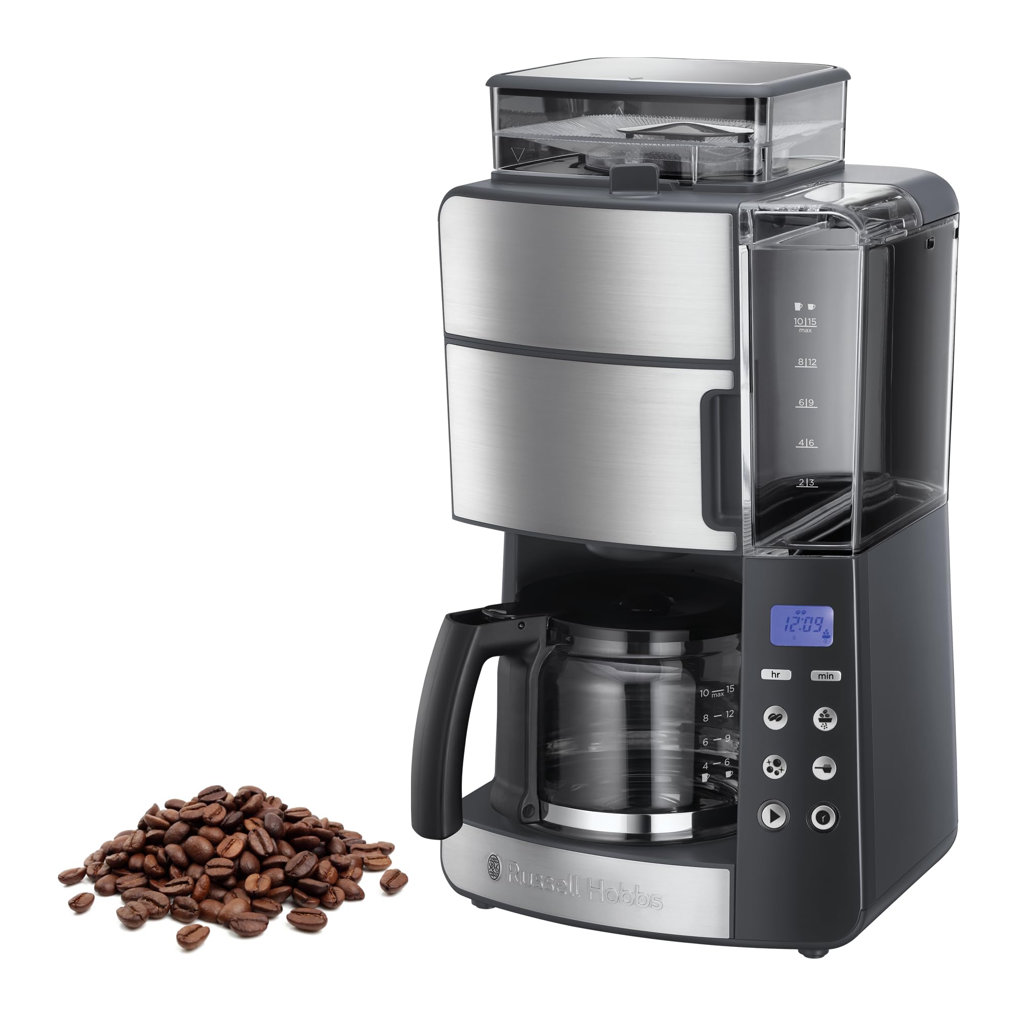 ماشین قهوه‌ساز Russell Hobbs 25610-56 با ظرفیت 10 فنجان، رنگ خاکستری، دارای آسیاب قهوه