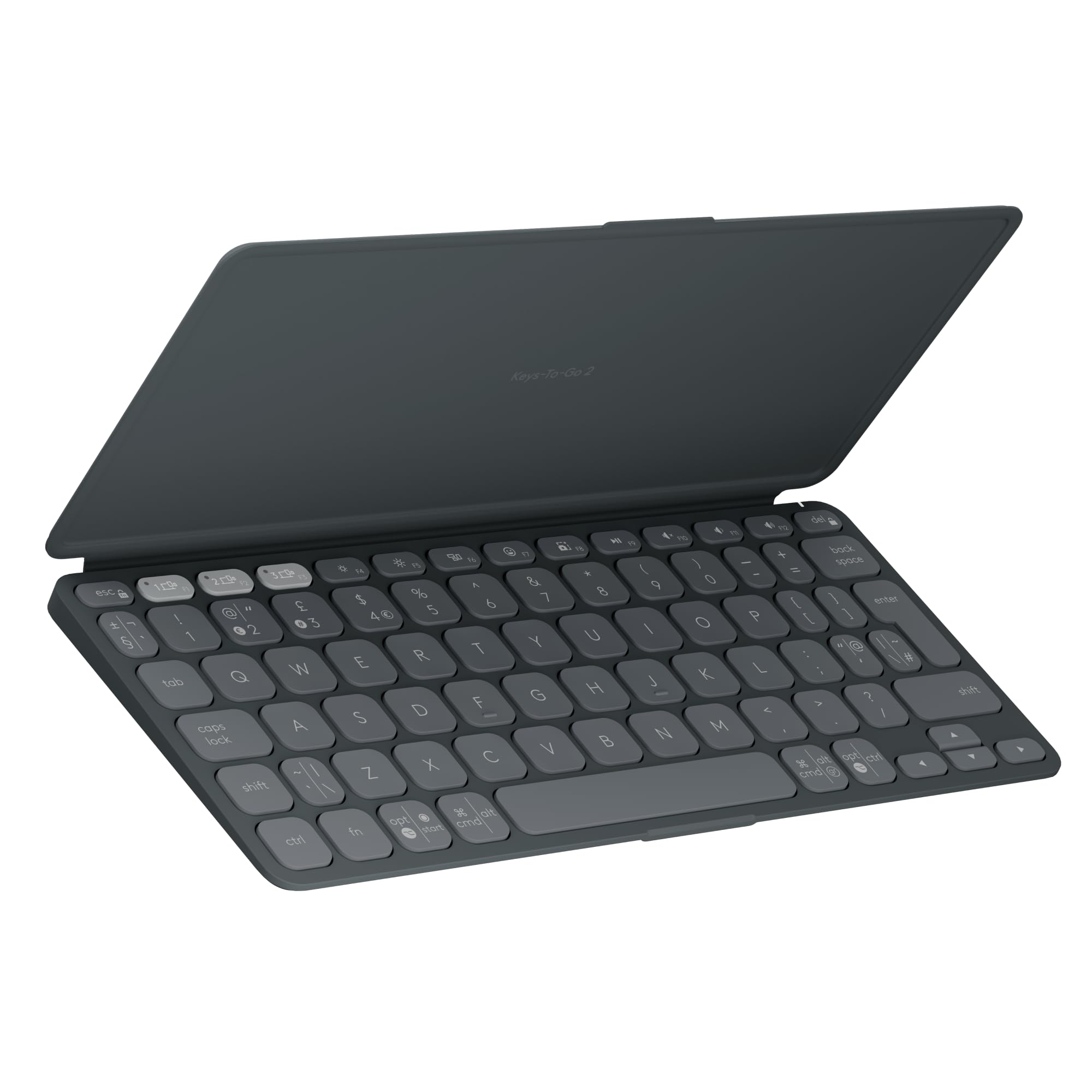 کیبرد بلوتوث قابل حمل Logitech Keys-To-Go 2 برای تبلت با درپوش داخلی، کیبرد بی‌سیم باریک و کوچک برای ویندوز، اندروید، لینوکس، آیپد، آیفون، مک، اپل تی وی، ARA - گرافیت