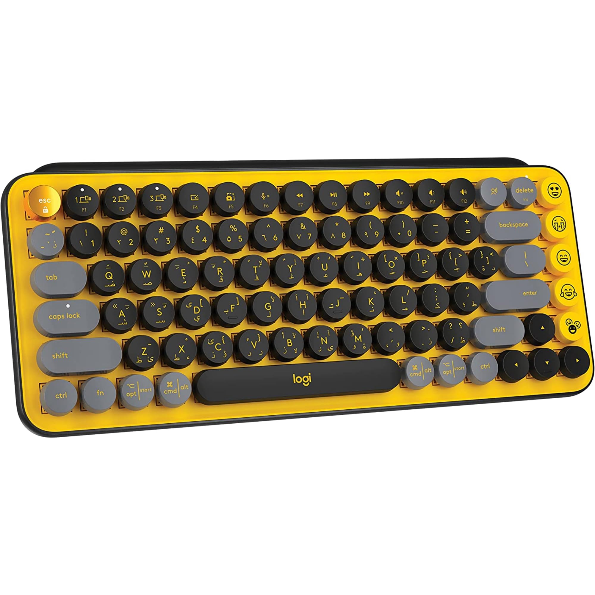 کیبورد بی‌سیم مکانیکی Logitech POP Keys با کلیدهای اموجی قابل تنظیم، طراحی متداول و مقاوم، امکان اتصال از طریق بلوتوث یا USB، قابل استفاده بر روی چند دستگاه، سازگار با سیستم‌عامل‌ها، زرد، صفحه کلید عربی و مدل Blast Yellow POP Keys