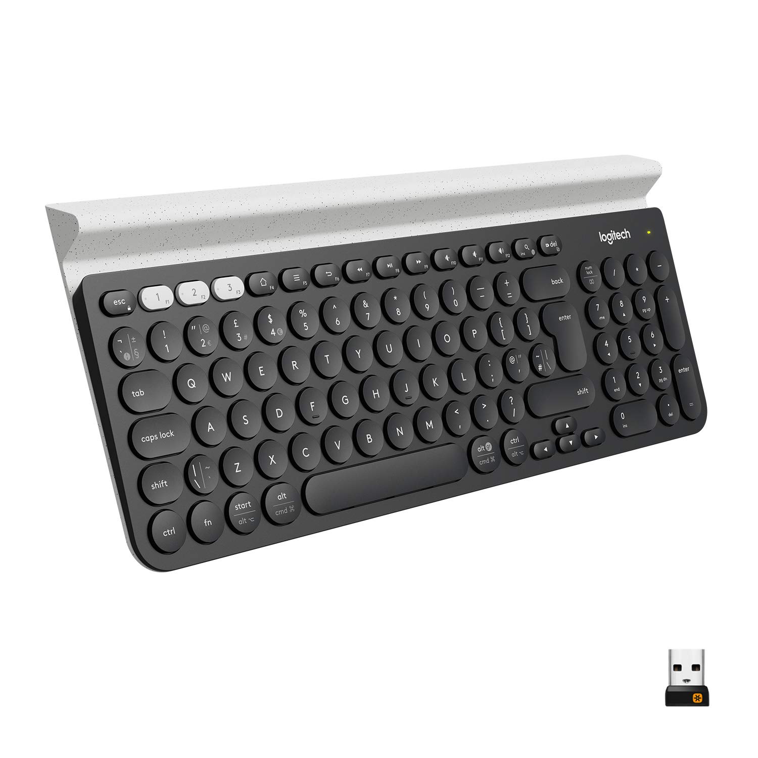 کیبورد بی‌سیم چند‌دستگاهی Logitech K780 برای ویندوز، اپل، اندروید یا کروم، بی‌سیم 2.4 گیگاهرتز، بلوتوث، قاب گوشی و تبلت، ساکت، کامپیوتر، مک، لپ‌تاپ، پوشه عربی - خاکستری تیره/سفید