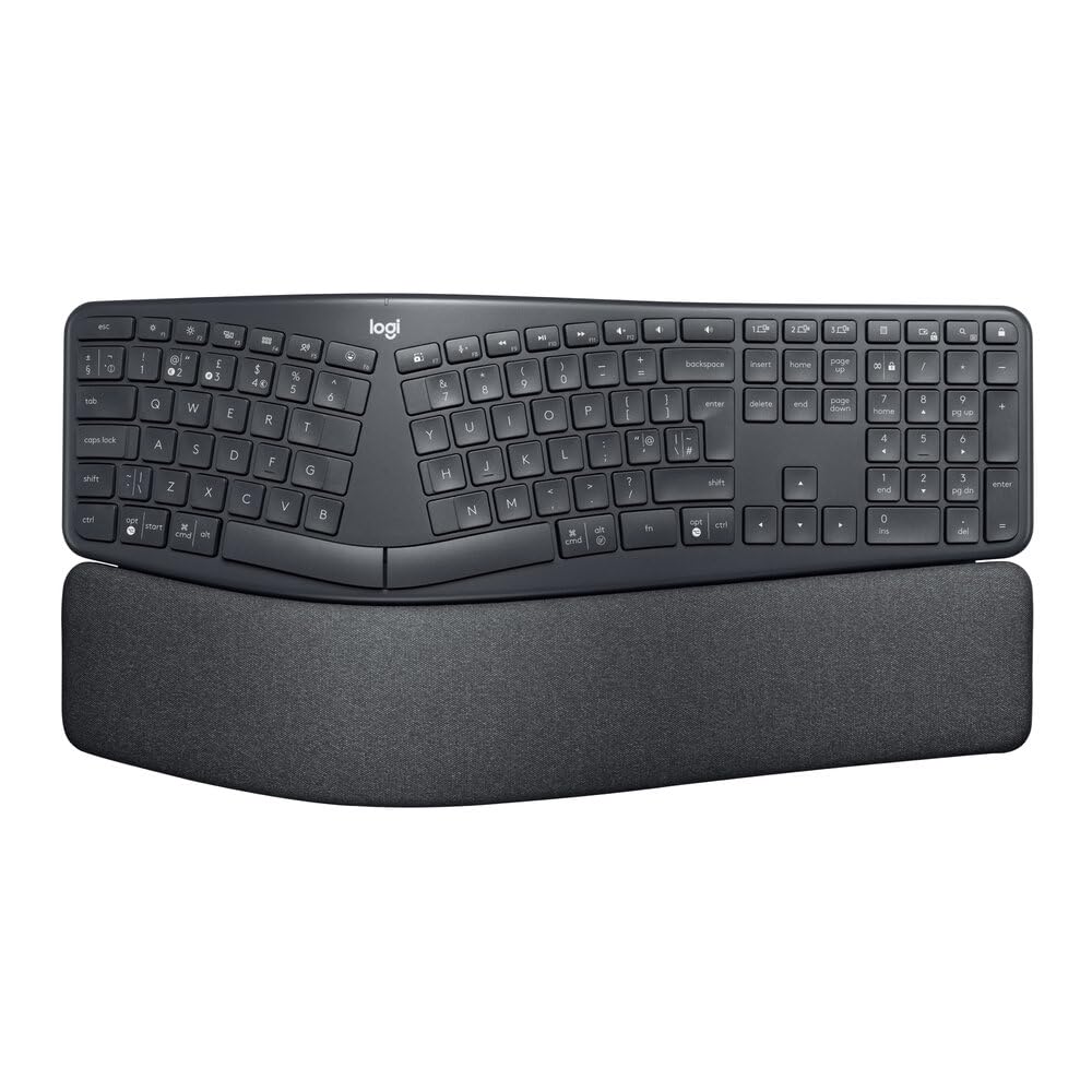 کیبورد ارگونومیک وایرلس Logitech ERGO K860 - طراحی صفحه کلید تقسیم شده، وسیله نگهدارنده مچ دست، تایپینگ طبیعی، پارچه ضد لک، ویندوز/مک، بلوتوث + یواس‌بی، ویندوز/مک، طرح انگلیسی QWERTY UK - خاکستری گرافیت