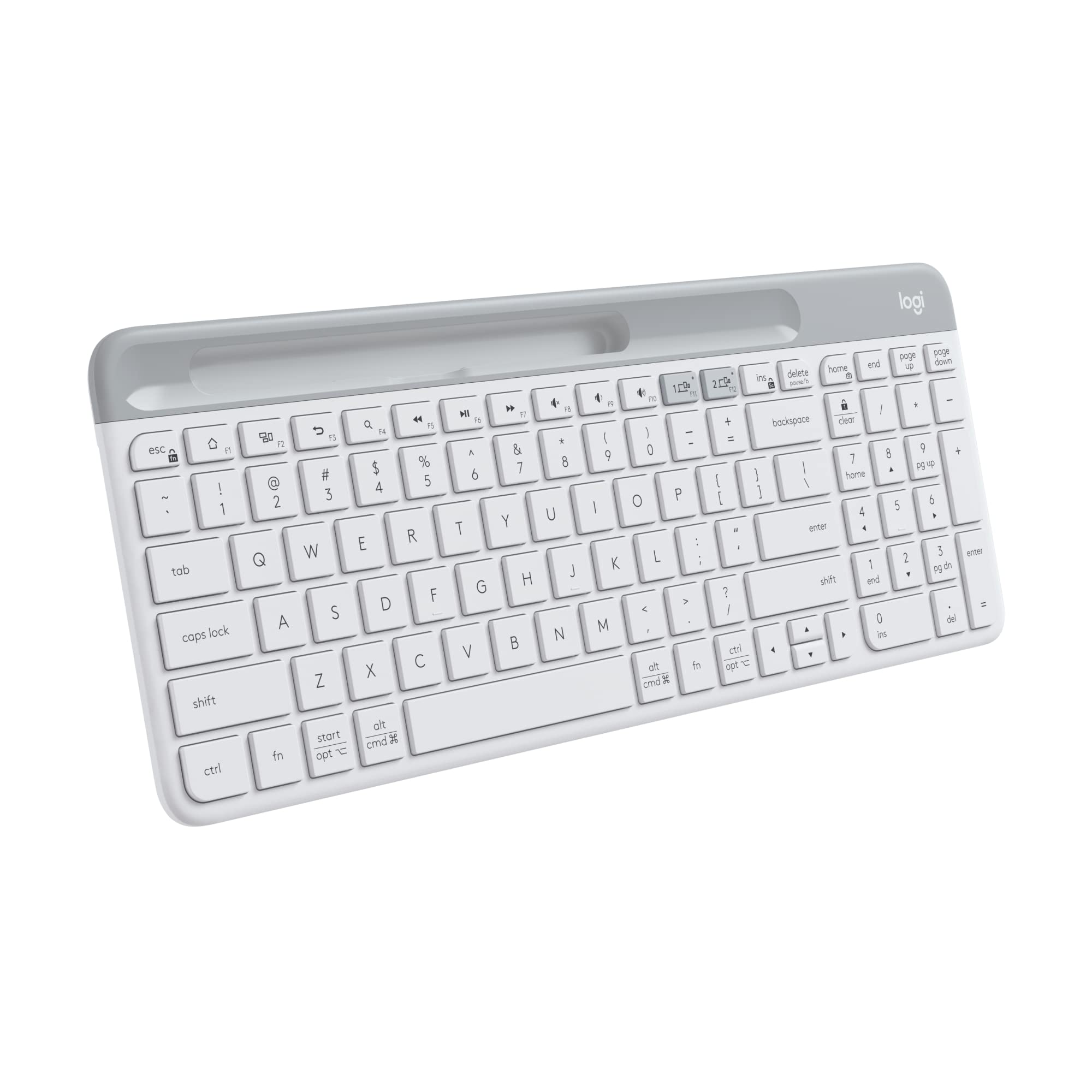 کیبورد بی‌سیم Logitech K580 Slim Multi-Device - بلوتوث/گیرنده، کوچک، قابلیت تغییر آسان، باتری 24 ماهه، سازگار با ویندوز/مک، دسکتاپ، تبلت، اسمارتفون، لپتاپ، صفحه کلید انگلیسی+عربی - رنگ سفید