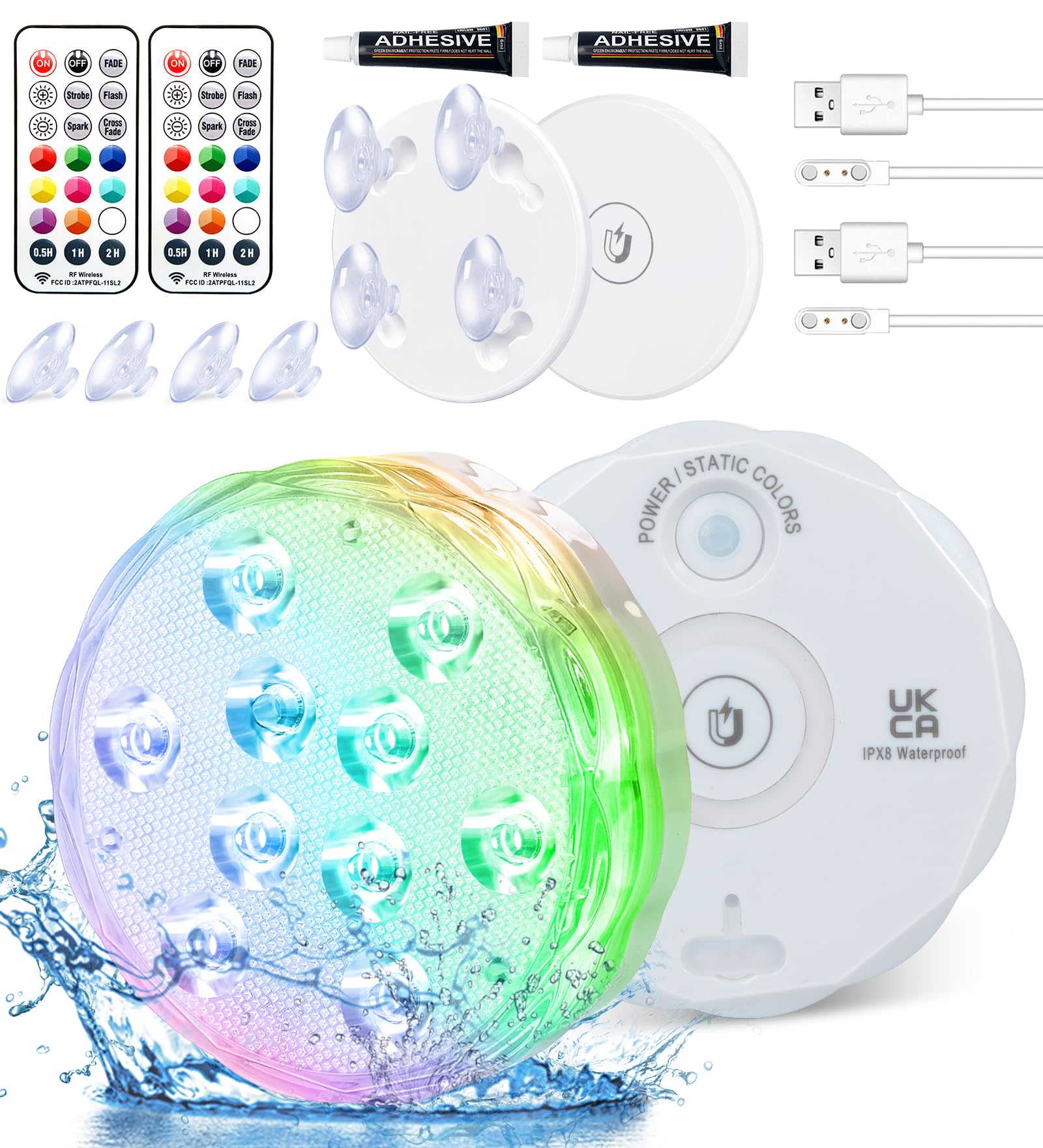 لامپ‌های قابل شارژ زیرآبی Qoolife با ریموت کنترل، ضدآب، شارژی، 25 رنگ LED تغییر رنگ، دارای مغناطیس برای شناور سازی لامپ های استخر و تزیین محیط مسابح (دو عدد)