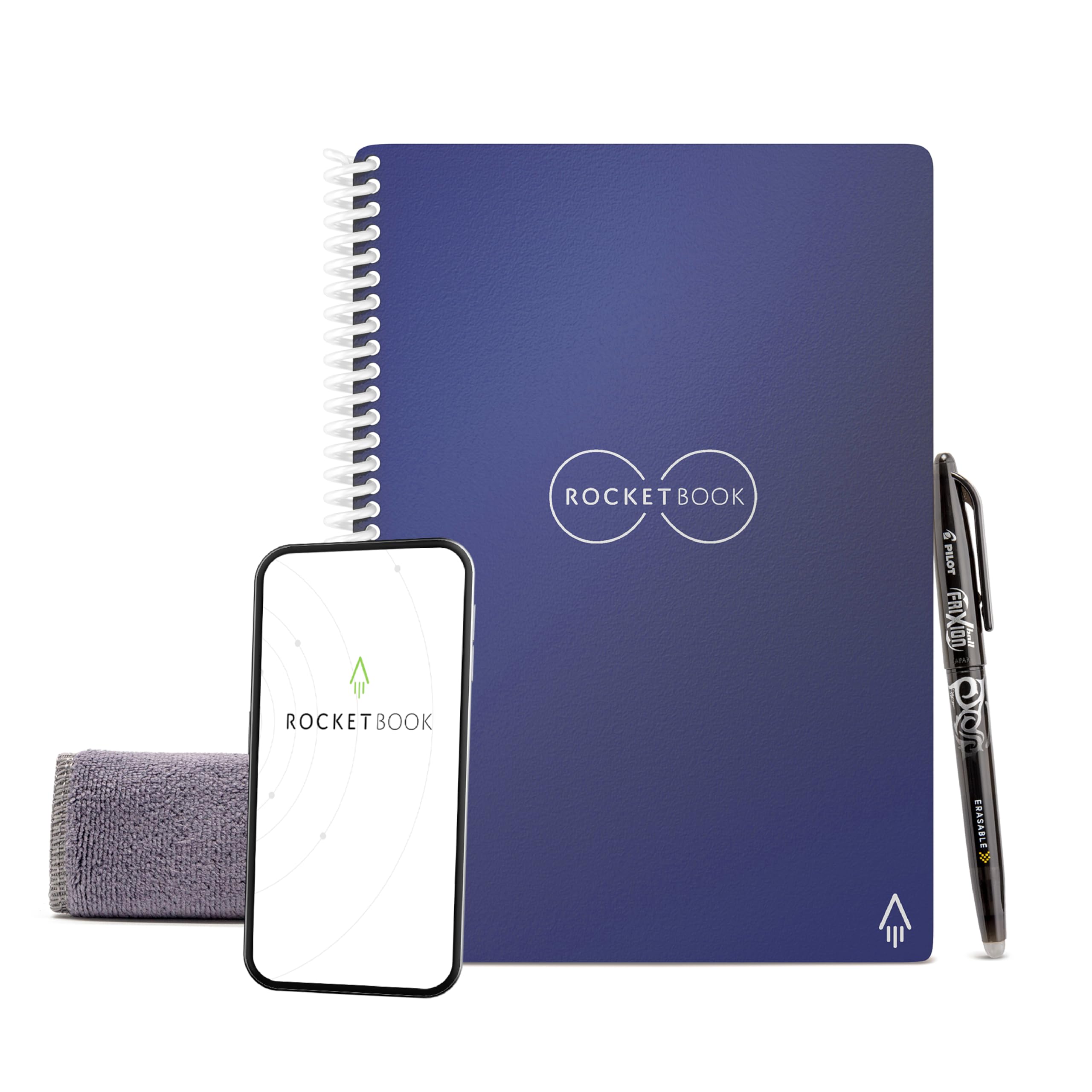 دفتر خاطرات هوشمند قابل استفاده مجدد Rocketbook Core | دفتر خلاق، سازگار با محیط زیست، دارای امکانات اتصال به اینترنت با قابلیت به اشتراک گذاری در ابر | خطی، 6 اینچ x 8.8 اینچ، 36 صفحه، رنگ آبی نیمه شب، همراه با خودکار، پارچه و اپلیکیشن اجرایی آبی نیمه شب قابل استفاده مجدد