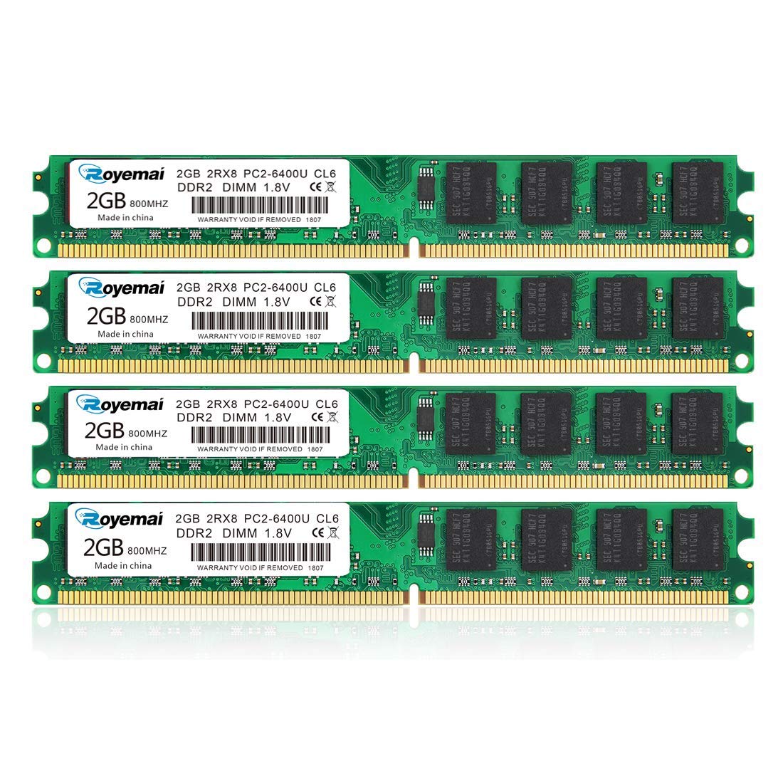 کیت ۸ گیگابایتی (4x2GB) رم DDR2 800  D DUOMEIQI، رم Udimm DDR2-800 mhz PC2-6400 / PC2-6400U ROYEMAI DDR2 2 گیگابایتی 1.8 ولت CL6 240 پین غیر ECC Unbuffered ماژول‌های حافظه رم دسکتاپ 6400u-2Gx4 6400u-2Gx4-Green