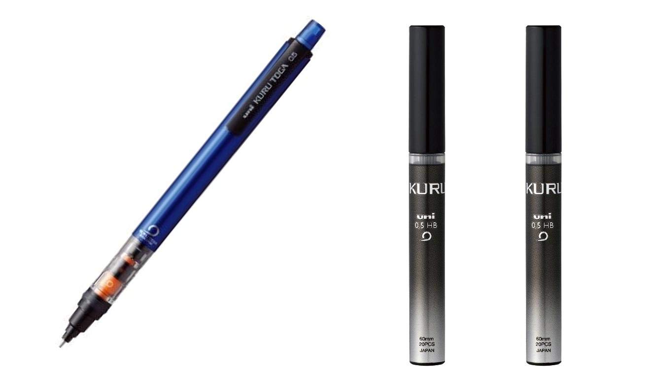 مداد مکانیکی یونی Kurutoga Pipe Slide مدل 0.5 میلی‌متر بدنه آبی (M54521P.33) + 2 مجموعه مینا (U05203HB.24) آبی + مجموعه مینا