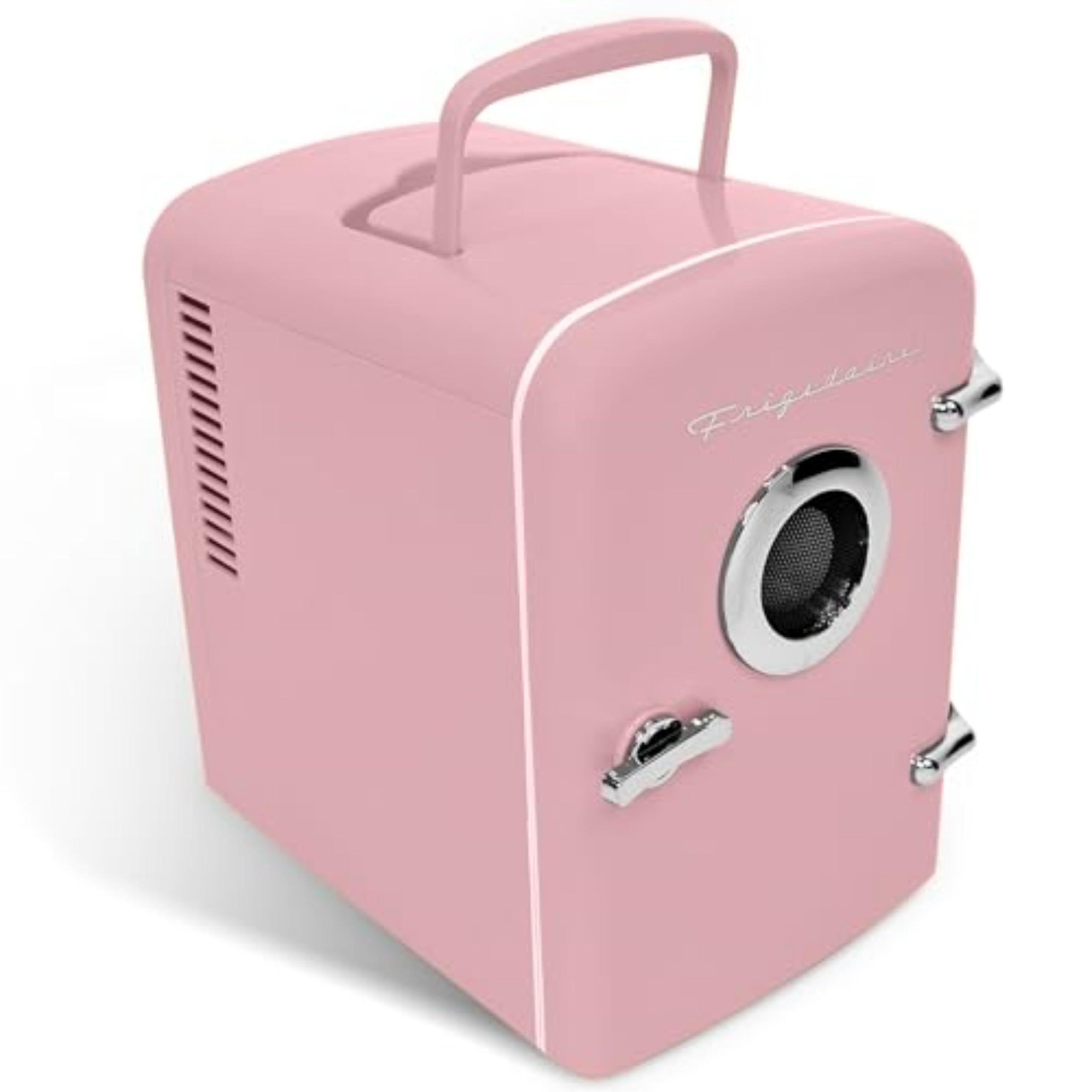 یخچال قابل حمل کوچک و کم جایگیری Frigidaire EFMIS151-PINK EFMIS151 با ظرفیت 4 لیتری، دارای بلندگو داخلی، قابل استفاده در منزل، دفتر کار یا محل کار، قابلیت یخ زدایی برای شش بسته نوشابه ۳۵۰ میلی‌لیتری، صد درصد بدون فرئون و محیط زیست‌بودی، استاندارد، رنگ صورتی.