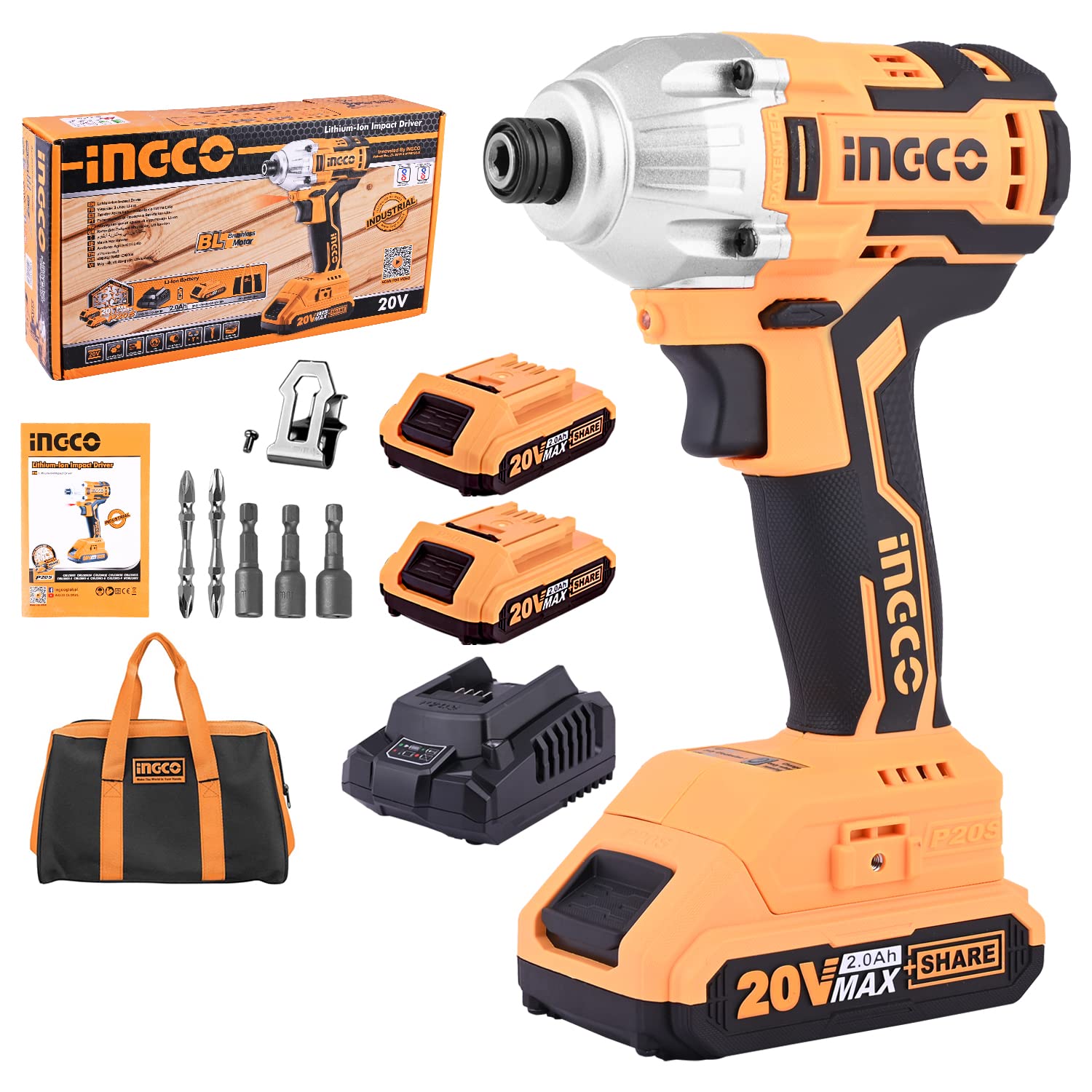 Impact Wrench Driver Cirli2002 لیتیوم-یون با باتری بسته 2 عدد، شارژر 1 ساعته، 2 بیت اسکرو درایور، 3 عدد ماتچ قهره و نشانگر قدرت باتری LED (زرد)، INGCO POWERTOOLS & HANDTOOLS.