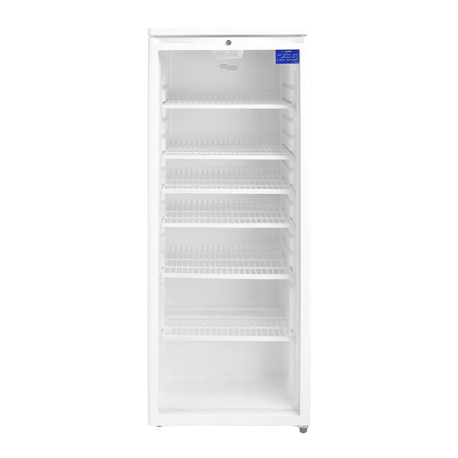 یخچال تک درب کمپکت با ظرفیت 275 لیتری، برند Super General، نمایشگاه نوشیدنی ایستاده، صرفه جویی در انرژی، کم صدا، رنگ سفید، مدل SGSC256، ابعاد 57 عرض cm x 55 عمق cm x 144 ارتفاع cm، گارانتی 1 ساله