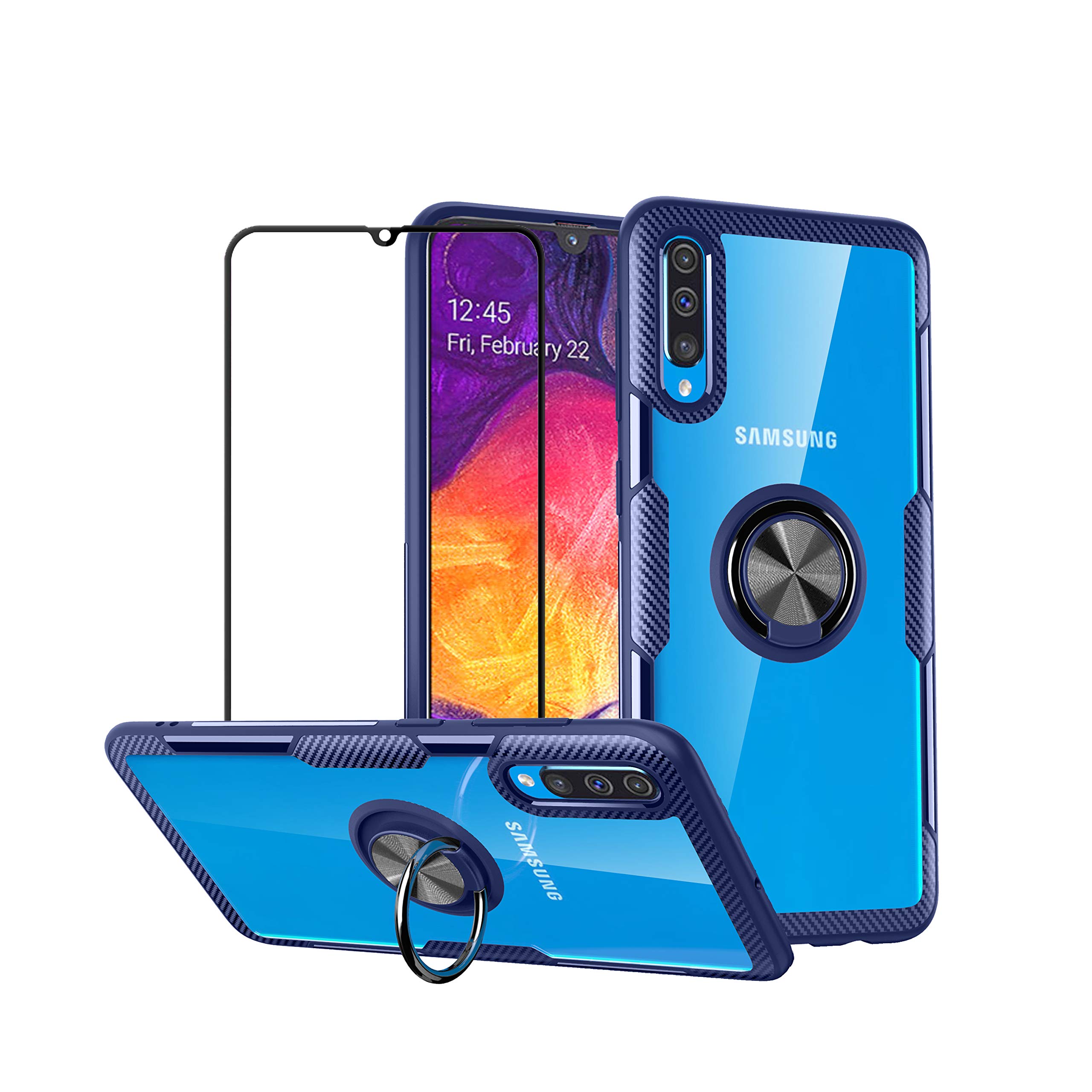 کیسه دوم اسپرینگ برای Samsung Galaxy A50/A30s/A50s با شیشه ایمن، بمپر اسیلیکون نرم TPU نازک باپک کاور شفاف عقب سخت با حلقه فلزی مغناطیسی کیک استند، آبی Samsung Galaxy A50/A30s/A50s آبی