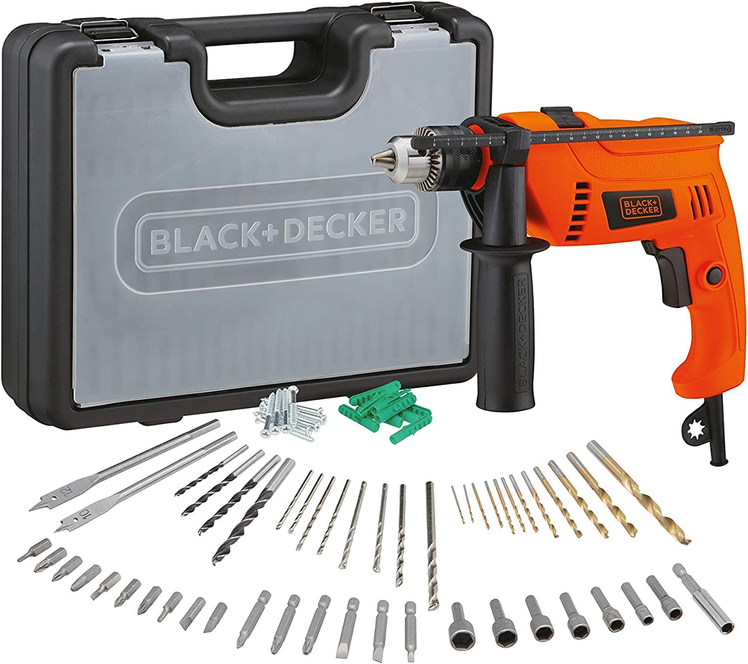 حفرکن الکتریکی برقی BLACK+DECKER با ضربه، 650 وات، 13 میلیمتر، شامل مجموعه 50 تیکه ابزار، جعبه کیت، برای حفر فلز، بتن و چوب، قابلیت ذخیره‌سازی آسان، نارنجی/سیاه - HD650KIT-B5 حفرکن 650 وات