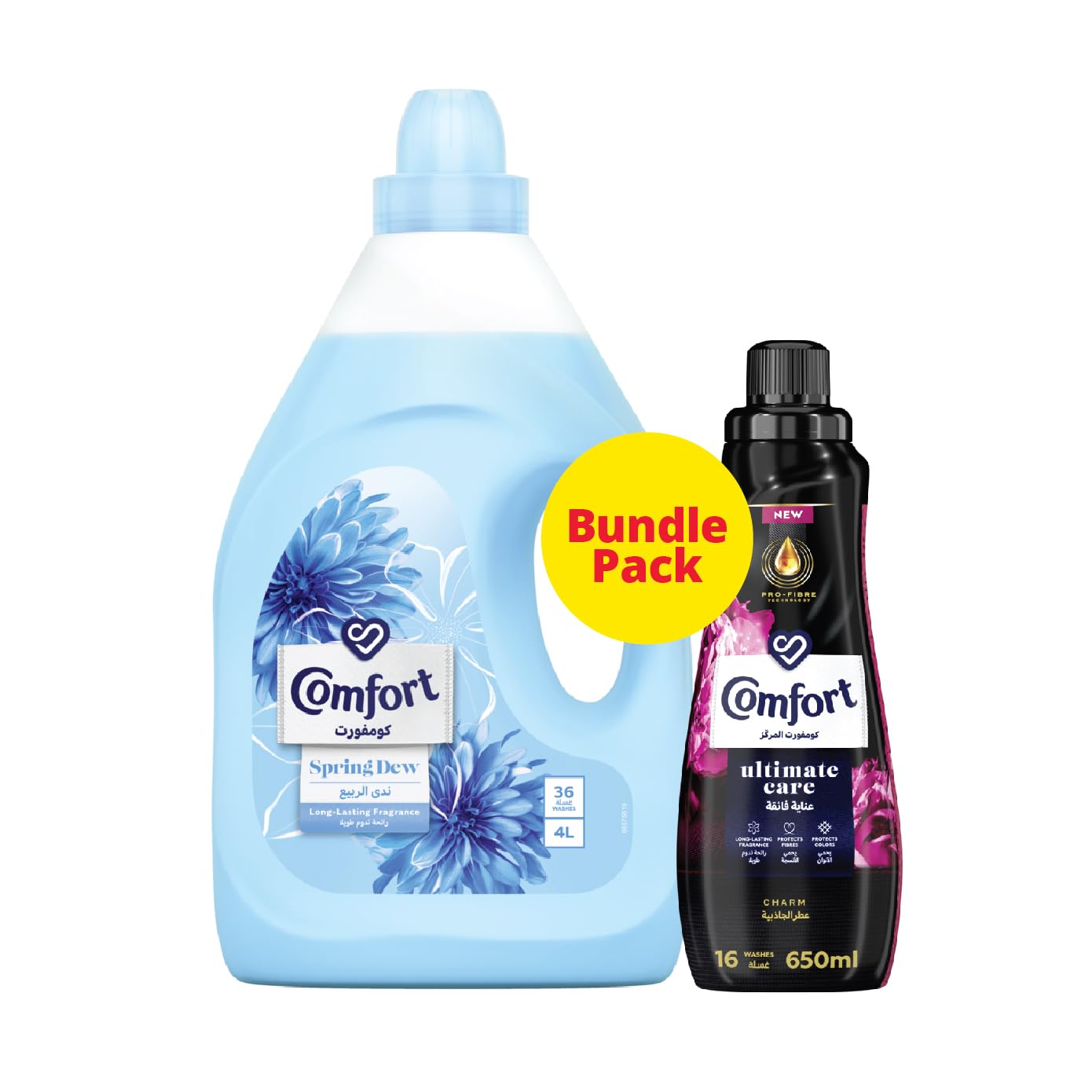 محصول شوینده بافته‌های Comfort Concentrated، با رایحه Spring Dew & Charm و بوی گلها، برای بویدگی دائمی، 4 لیتر + 650 میلی‌لیتر.