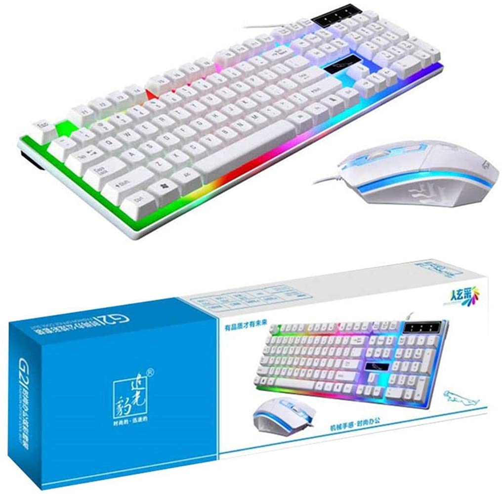 صفحه کلید G21 باسیم با موشواره بافتنی USB، چراغ‌های چندرنگ LED قابل تنظیم، صفحه کلید با نور پس‌زمینه حس مکانیکی و موشواره (سفید)