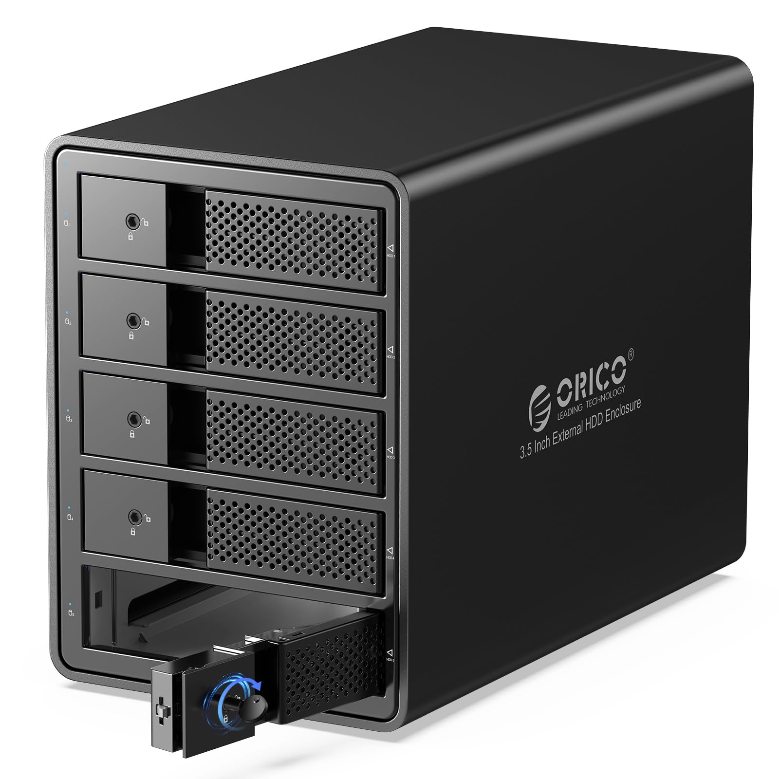 جعبه‌ی هارد اکسترنال 3.5 اینچی 5 خانه‌ای ORICO USB 3.0 با پشتیبانی از 80 ترابایت (5 x 16 ترابایت)، دارای بدنه‌ی آلومینیومی و فن، 150 وات، پشتیبانی از UASP برای ذخیره‌سازی داده‌های دیسک (بدون هارد دیسک) رنگ خاکستری تیره