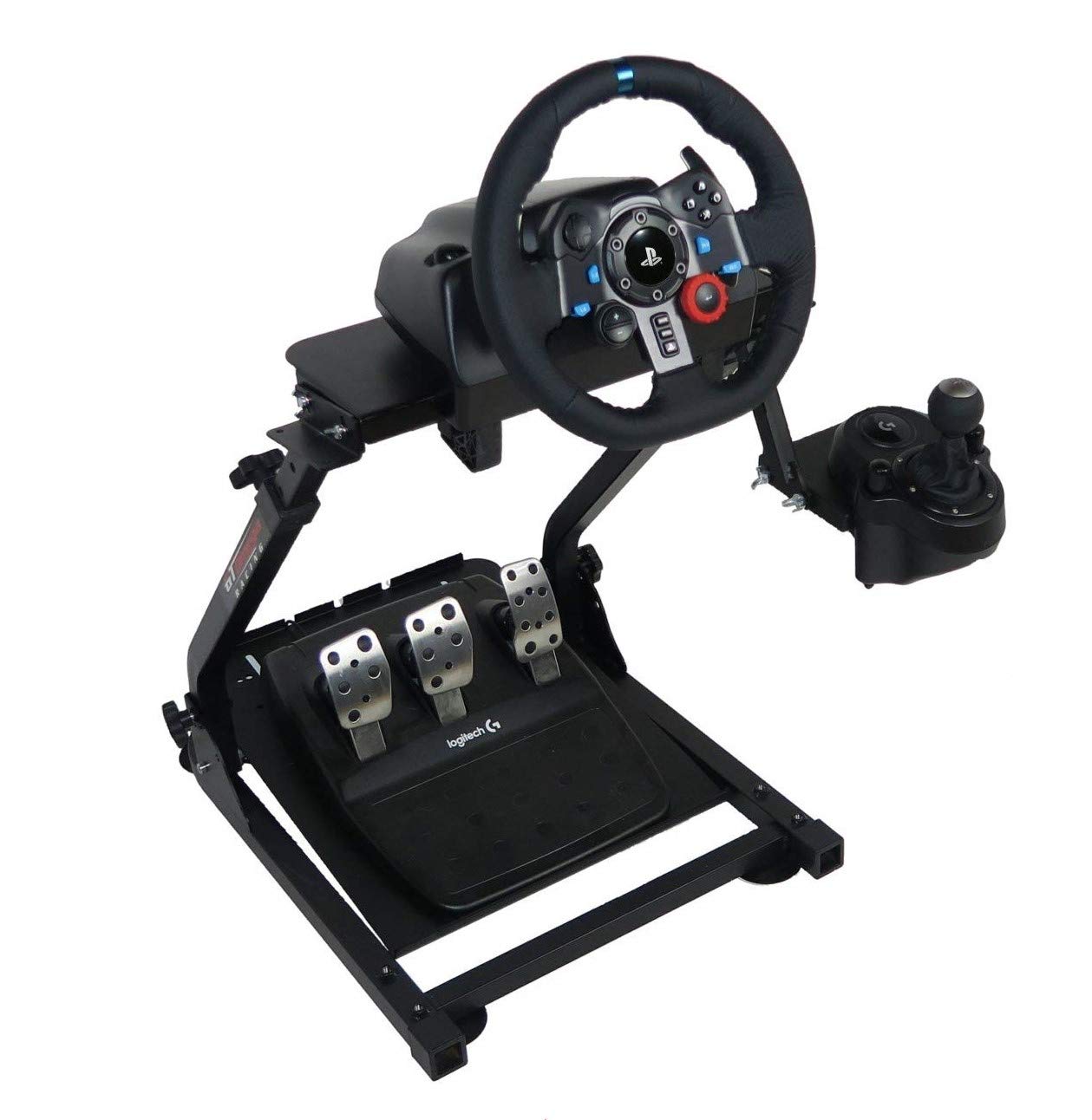 چرخ قدرت رانندگی Logitech G29 با چرخ دنده و برای پلی‌استیشن و کامپیوتر به همراه استند GT Omega Racing Wheel PRO برای Logitech G29 G920 با نصب کننده شیفتر V1 و V2، قابل تنظیم در جهت شیب...