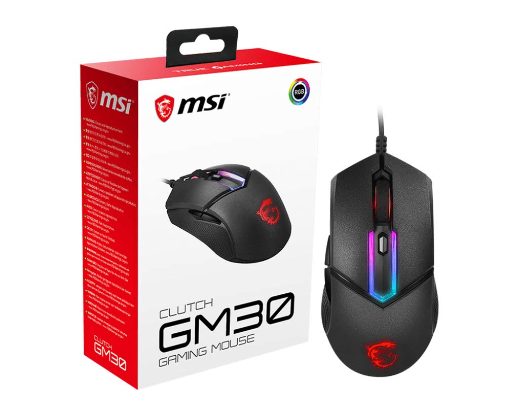 موس بازی با سیم MSI Clutch GM30 با طراحی متقارن، دکمه‌های Omron قابل تنظیم و حسگر 6200 دی‌پی‌آی با نورپردازی RGB - رنگ مشکی Clutch GM30 1