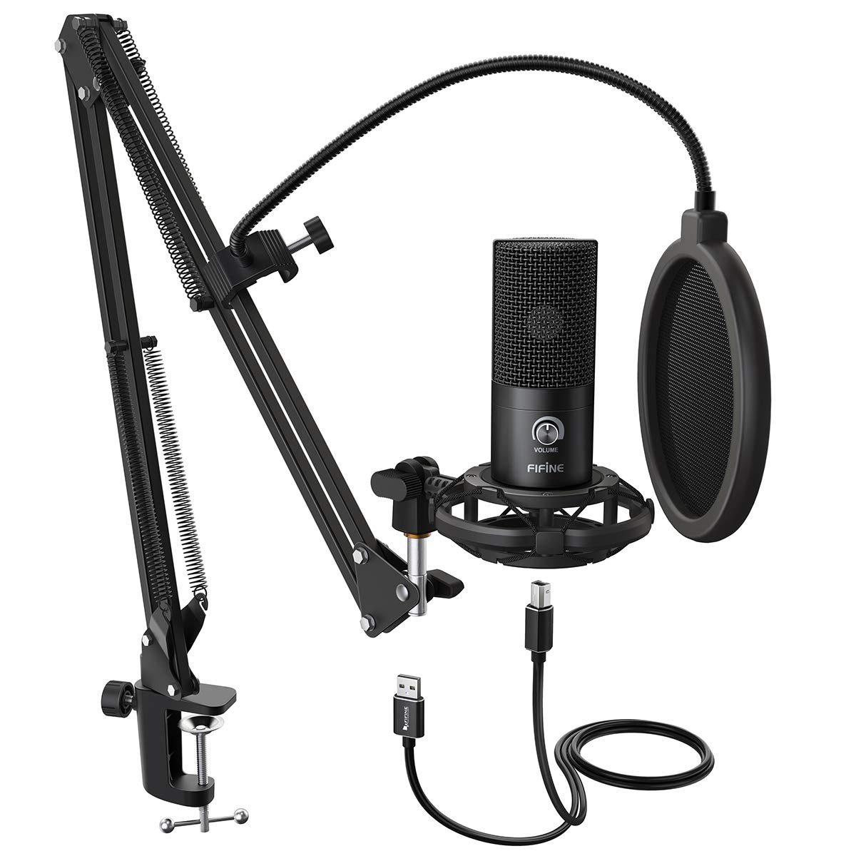 میکروفون استودیویی FIFINE Condenser USB Microphone Computer PC Microphone Kit با Stand بازوی قابل تنظیم و Shock Mount برای ضبط صدای سازها ، Voice Overs ، ضبط پادکست ، یوتیوب ، کارائوکه ، بازی و استریمینگ - مدل T669 - رنگ سیاه