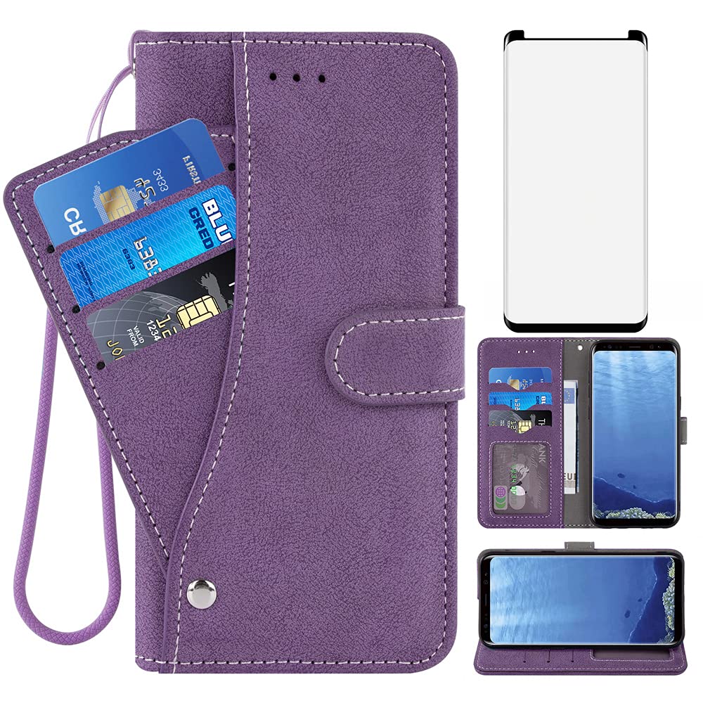 سازگار با کیس کیس Samsung Galaxy S9 Plus Asuwish و محافظ صفحه نمایش شیشه ای Flip Cover Card Holder Cell لوازم جانبی تلفن همراه برای گوشی S9 + 9S 9+ S 9 9plus S9plus زنانه بنفش برای S9 Plus بنفش