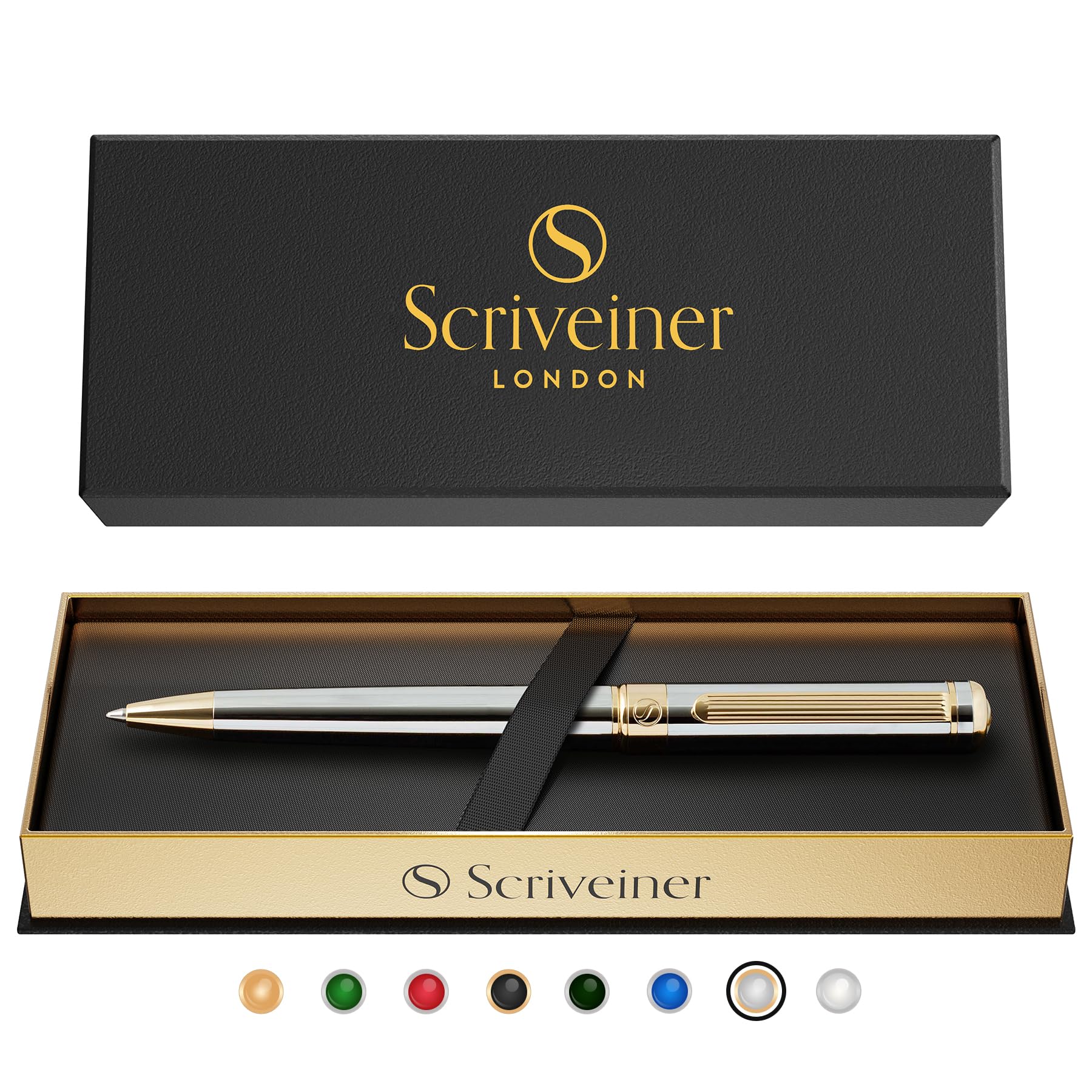 قلم خودکار Scriveiner نقره ای کروم - قلم لوکس شگفت‌انگیز با پوشش طلای 24 عیار، محمل سیاه اسمیت، بهترین هدیه قلم خودکار برای مردان و زنان، حرفه‌ای، اجرایی، دفتری، زیبا، پر ذوق 2. کروم نقره ای با طلا