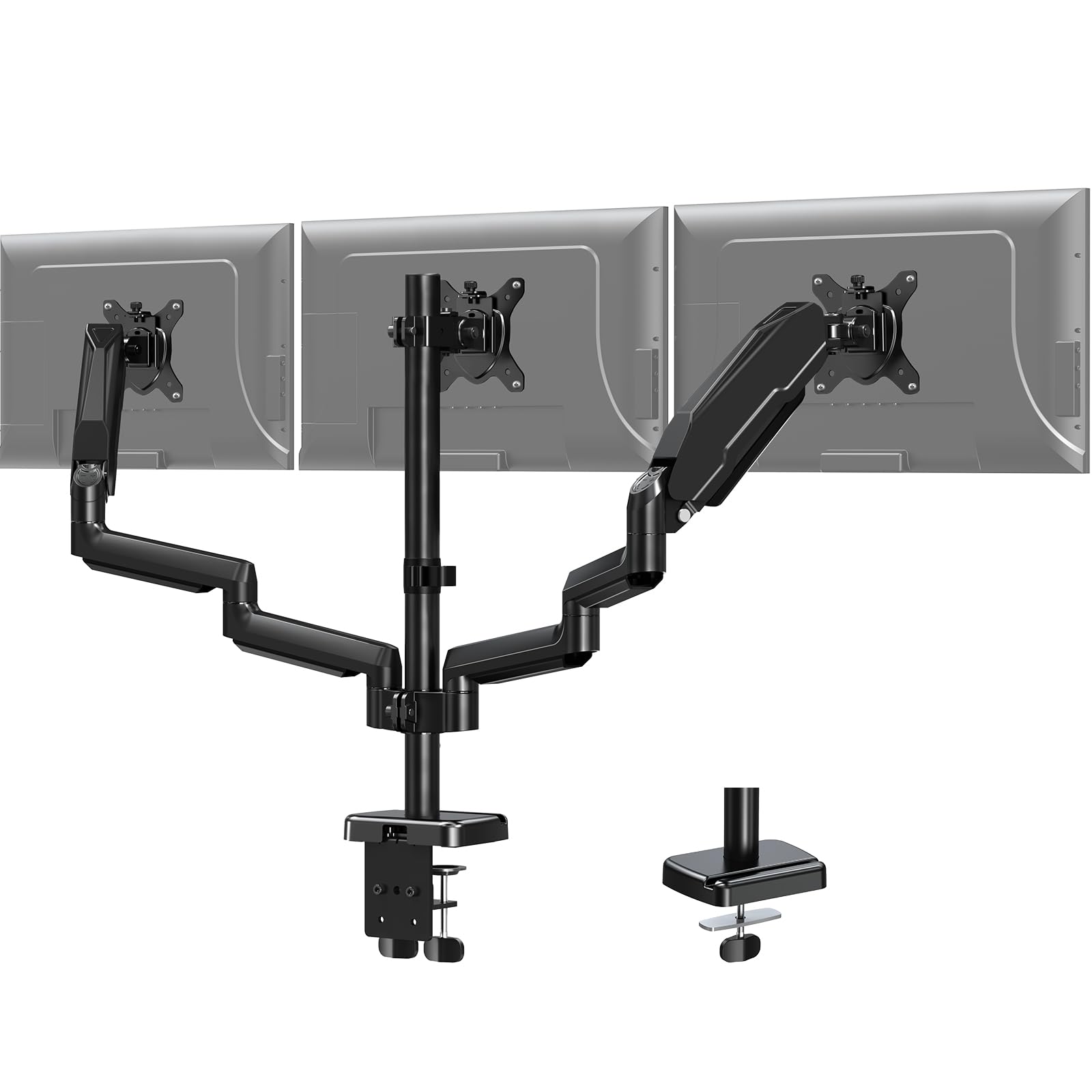 MOUNT PRO Triple Monitor Desk Mount - Articulating Gas Spring Monitor Arm, Removable with Clamp and Grommet Base - Fits 13 to 27 Inch LCD Computer Monitors, VESA 75x75, 100x100 Max 27" Black
مونتاژ چهار طرفه دوگانه - بازوی نمایشگر گازی هنری، قابل جابجایی با کلمپ و پایه گرومت - مناسب برای نمایشگرهای کامپیوتری LCD 13 تا 27 اینچ، VESA 75x75، 100x100 حداکثر 27 اینچ مشکی