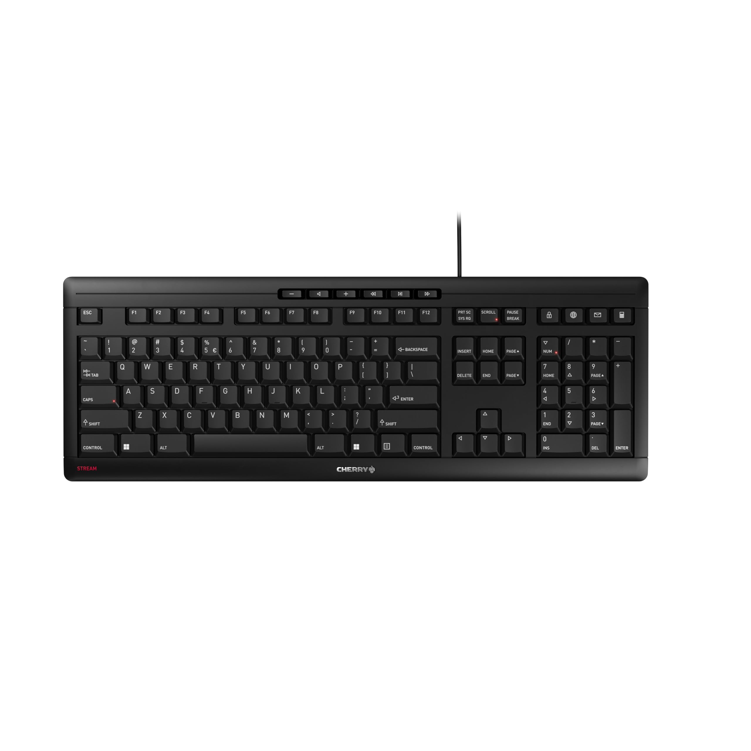 کیبورد اسخرشیر CHERRY کابل USB SX مکانیزم قیچی QWERTY صدای سکوتی برای محل کار، کار یا کامپیوتر شخصی. مشکی معمولی مشکی