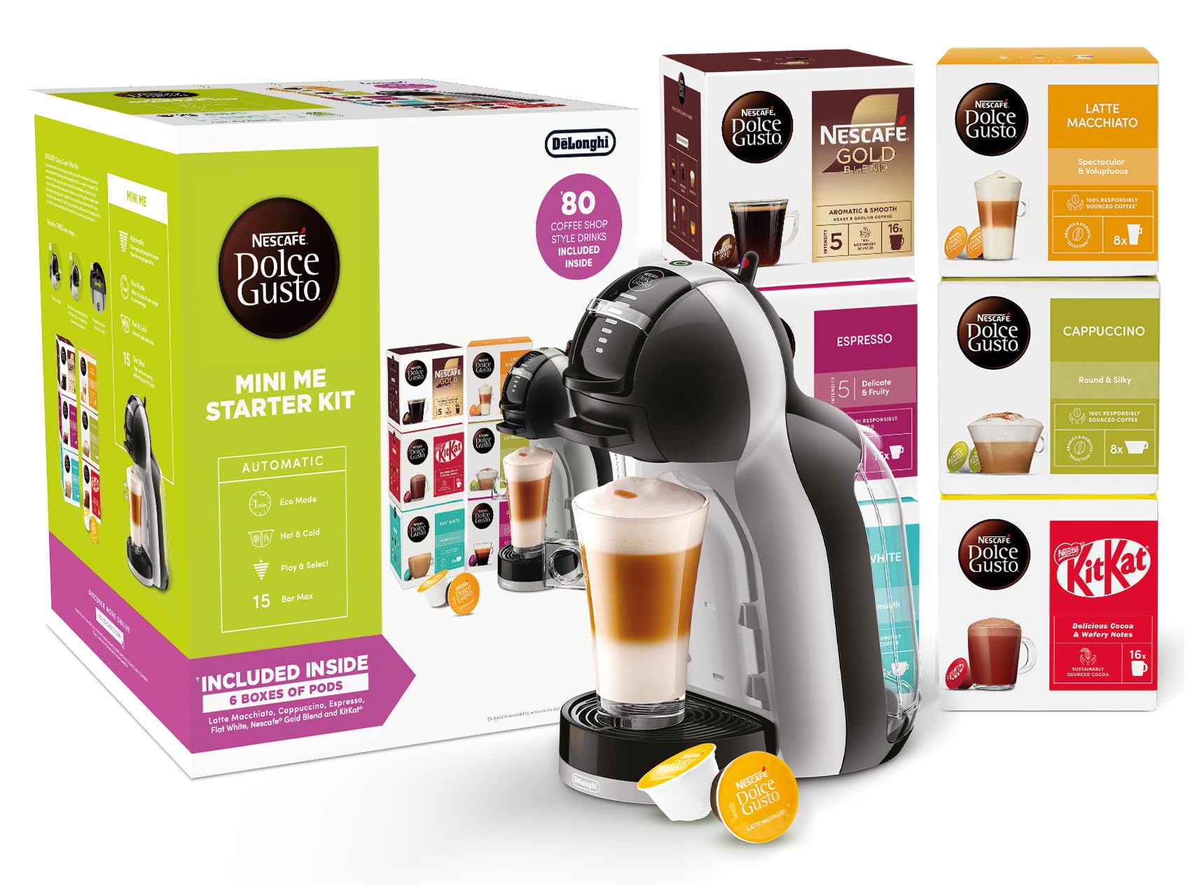 ماشین قهوه ساز کپسولی تک نفره Nescafe Dolce Gusto De'Longhi Mini Starter Kit، مدل EDG155.BG، رنگ مشکی و خاکستری، Starter Kit Black/Grey