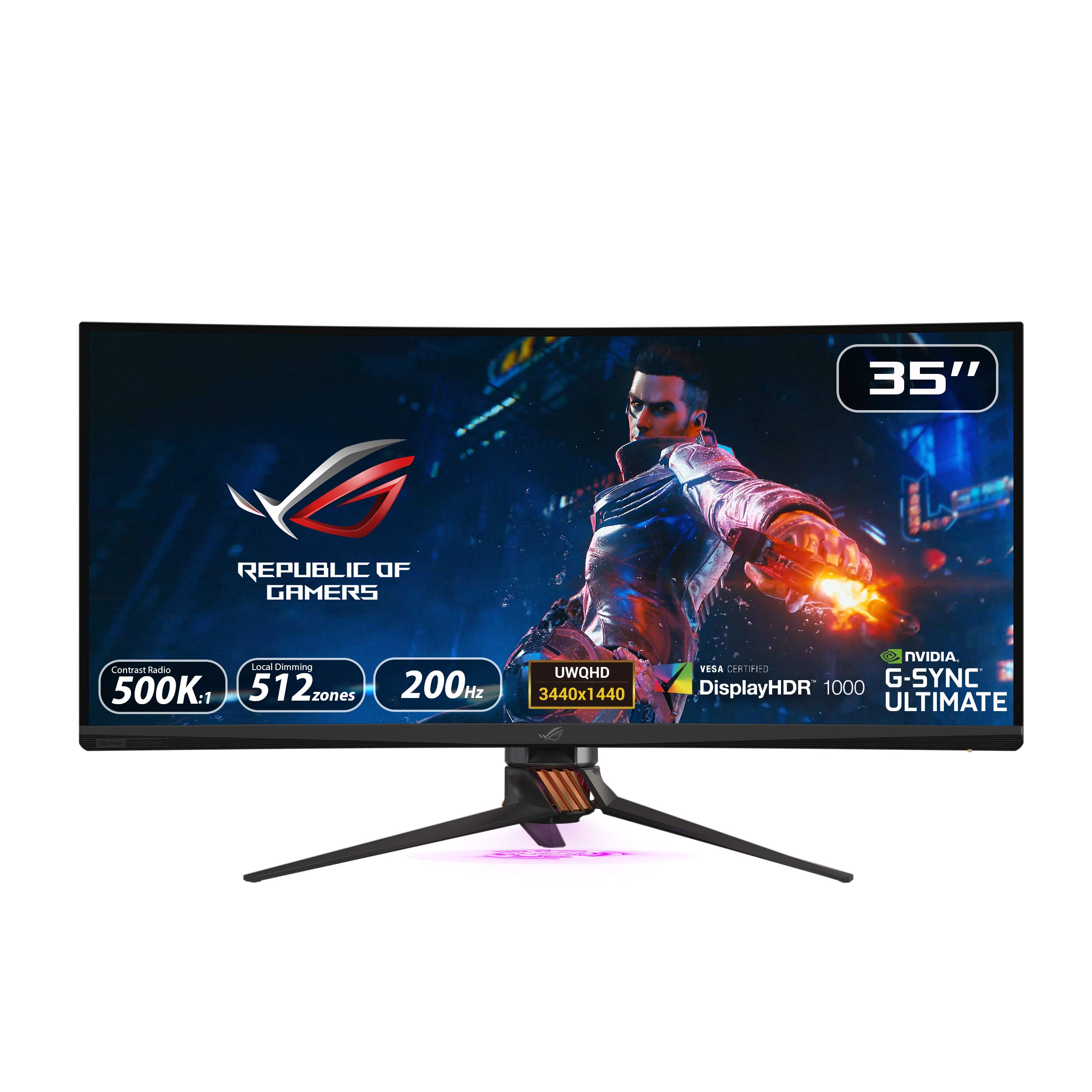 مانیتور بازی ASUS ROG Swift PG35VQ Ultra-Wide HDR، 35 اینچ 21:9 (3440 x 1440)، FALD 512 منطقه، اورکلاک‌پذیر 200Hz، 2ms، G-SYNC Ultimate، نمایش HDR1000، کوانتوم دات، کنترل هوشمند فن، هماهنگی Aura Sync