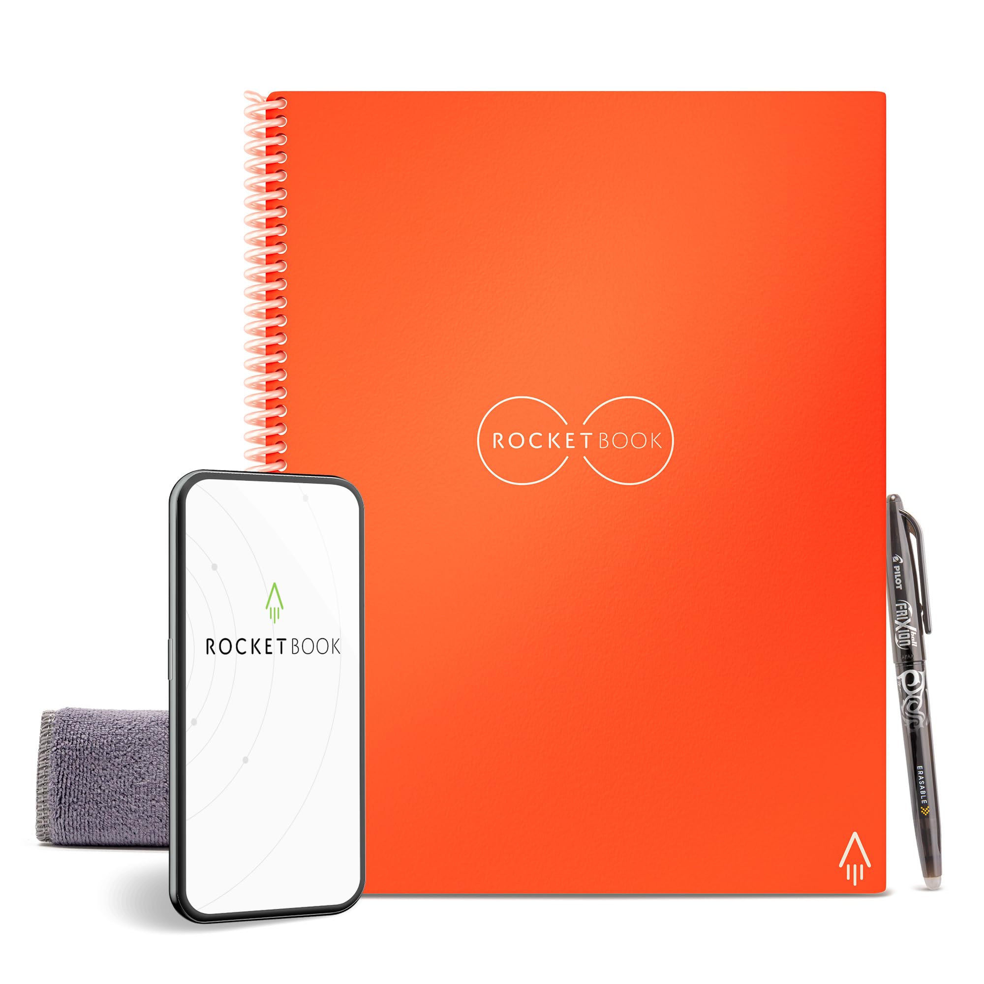 دفترچه هوشمند قابل استفاده مجدد Rocketbook Core | دفترچه نوآورانه، صدا و سیما بینی، قابلیت اشتراک گذاری ابری با دوستانه محیط زیست | خط خورده، 8.5 اینچ x 11 اینچ، 32 صفحه، نارنجی بیکن، همراه با خودکار، دستمال و اپلیکیشن نامه نارنجی بیکن قابل استفاده مجدد