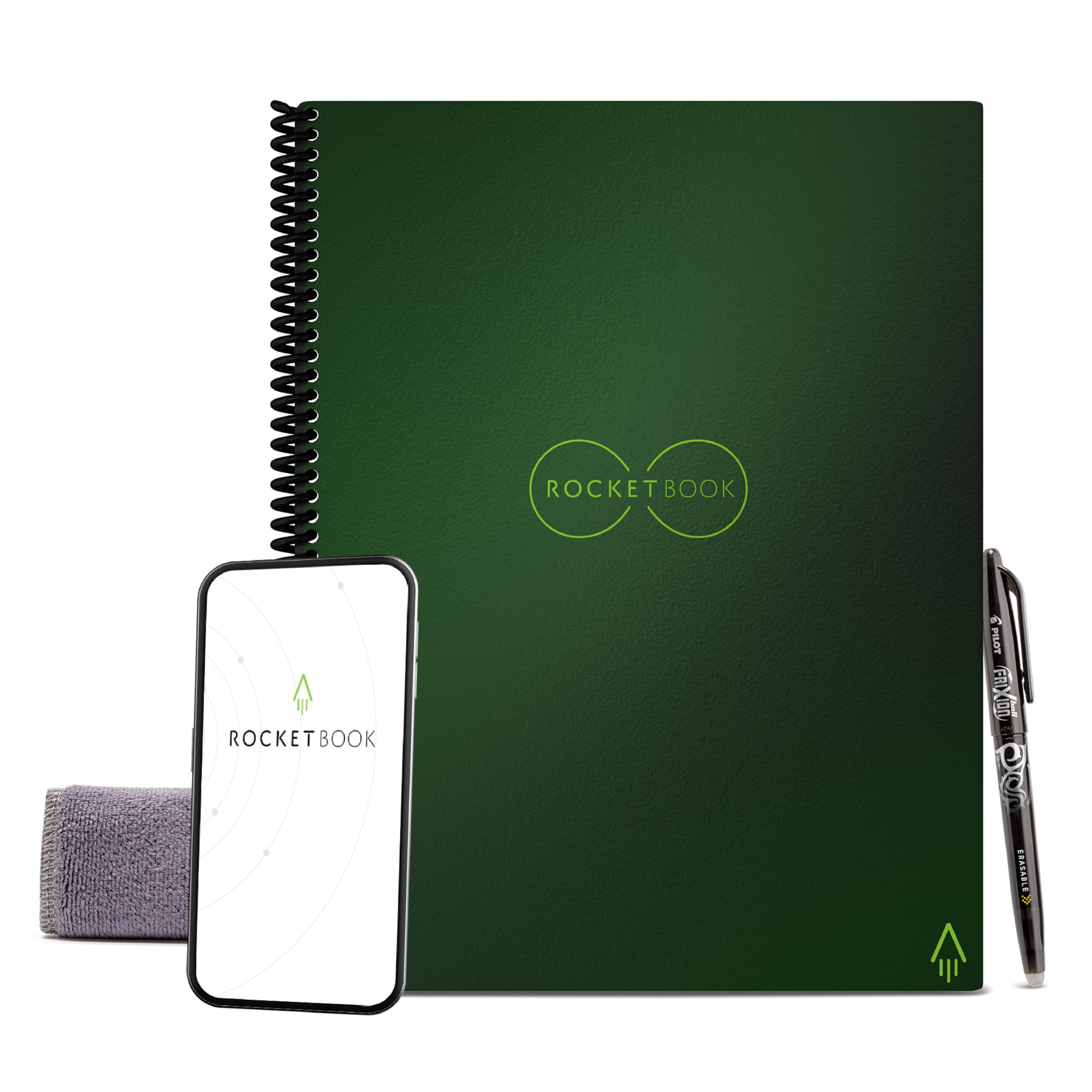 دفتر هوشمند قابل استفاده مجدد Rocketbook - دفتر خط دار اکولوژیکی با 1 خودکار Pilot Frixion و 1 پارچه میکروفایبر - جلد سبز زمینی، اندازه لتر (21.6 سانتی‌متر x 27.9 سانتی‌متر)، مدل: نامه سبز قابل استفاده مجدد