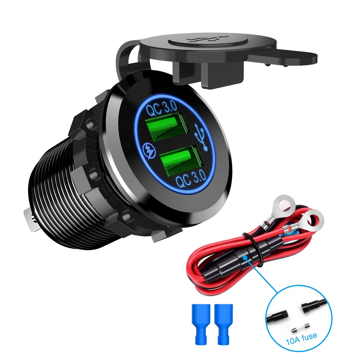 Nilight - 90103A دو پورت USB دوگانه Qc 3.0 شارژ سریع هاب شارژر پورت خروجی انرژی 2.1A & X2 برای اتومبیل قایق دریایی Rv موبایل با سیم فیوز کیت DIY آبی نور ملایم Led، 2 سال گارانتی