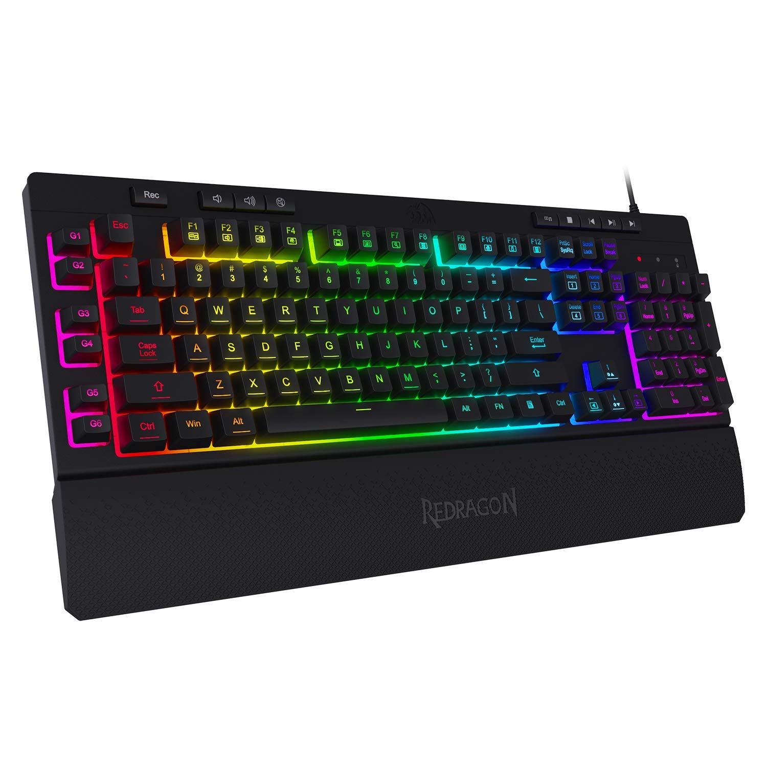 کیبورد بازی ممبرین با نور پس زمینه RGB Redragon K512 Shiva با کلیدهای چندرسانه‌ای، سوئیچ مکانیکی خطی، 6 کلید ماکرو اضافی در برد، کنترل مدیای اختصاصی، قابل جدا شدن از گردنده مچ دست سیاه با مدل K512